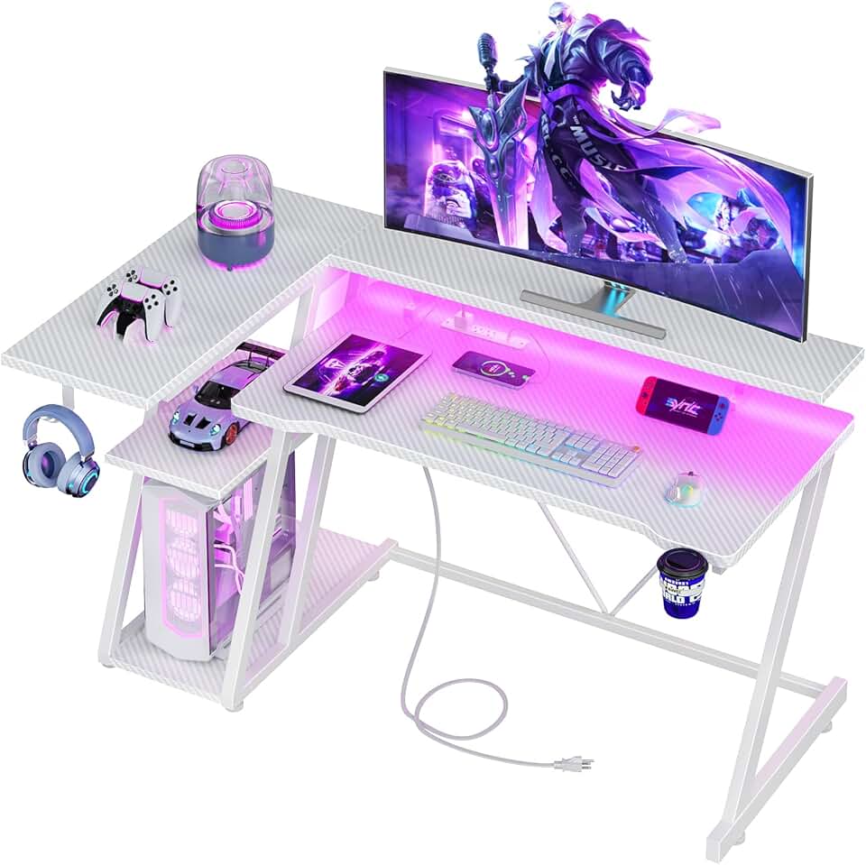 Korfile 47 Inch White Gaming Desk with Power Outlet &amp; LED Lights, Corner Computer Desk with 3 Tiers Storage Shelves, L Shaped Gaming Desk with Monitor Stand for Bedroom