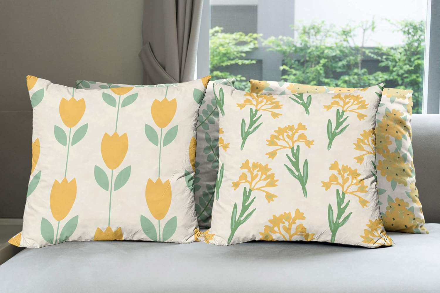 Ambesonne Floral Throw Pillow Cushion Case Pack of 4, Summer Blossoming Pattern Flowers Romantic Themed Branches Motif, Modern Accent Double-Sided Printing, 20" x 12", Mustard Pale Teal and Ivory