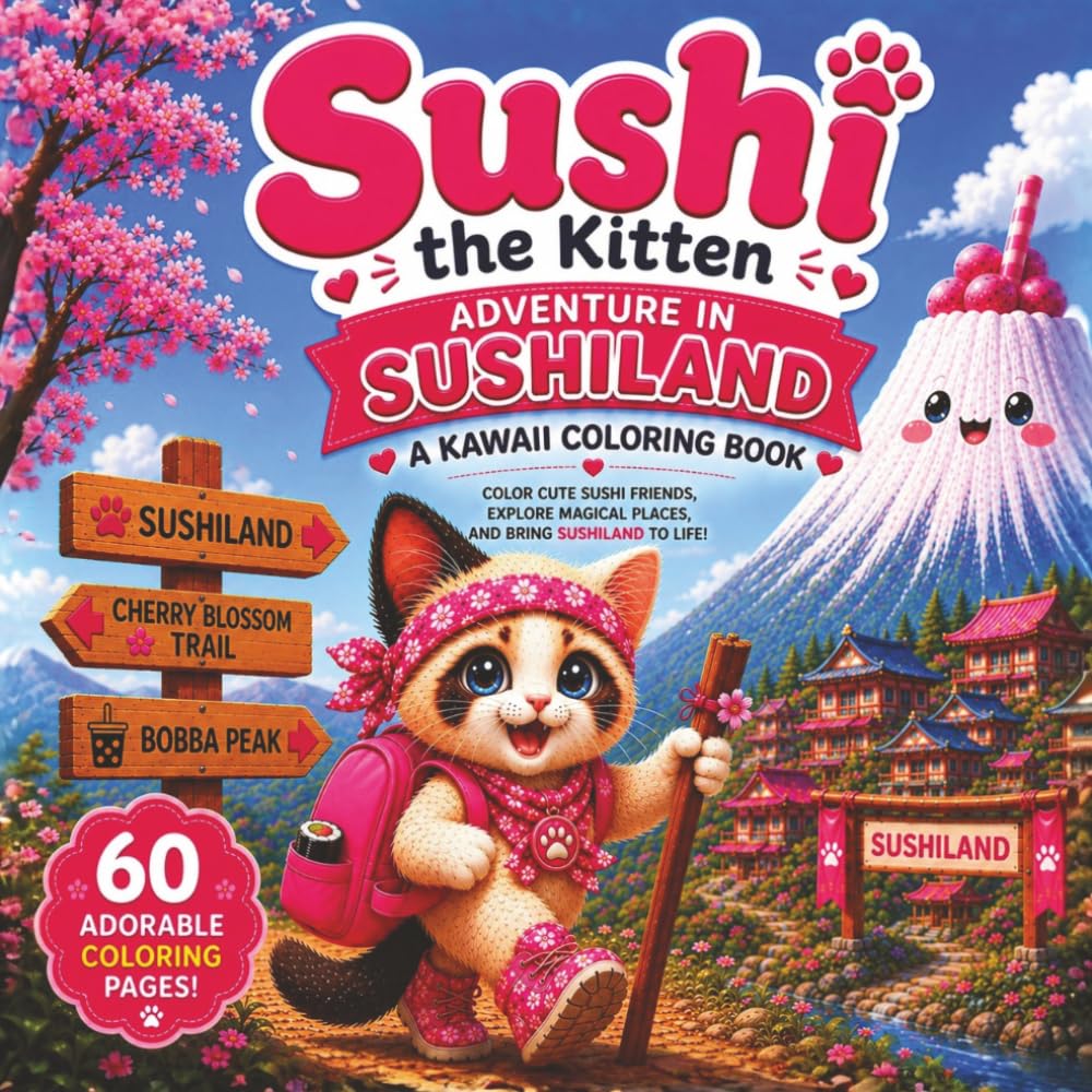 Sushi the Kitten: A Kawaii Coloring Book Adventure in Sushiland: 60 Bold & Easy Coloring Pages Featuring Cute Sushi Friends, Japanese-Inspired ... Blossoms, and Adorable Kawaii Characters