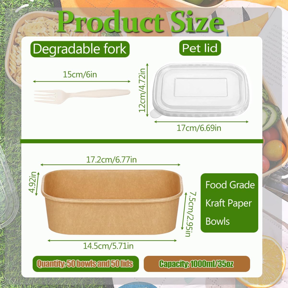 50-Pack 35oz Disposable Kraft Paper Bowls 【with Lids and Forks】,Disposable Meal Prep Containers,to go food containers,Microwavable and Freezer Take Out Containers for Hot/Cold Food