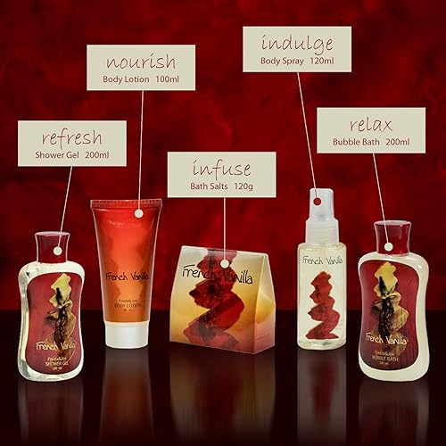 Miniatura 3 de Cesta de regalo de baño y cuerpo para mujeres y hombres – Juego de 6 piezas de vainilla francesa para baño y cuerpo colección Curio, incluye gel de