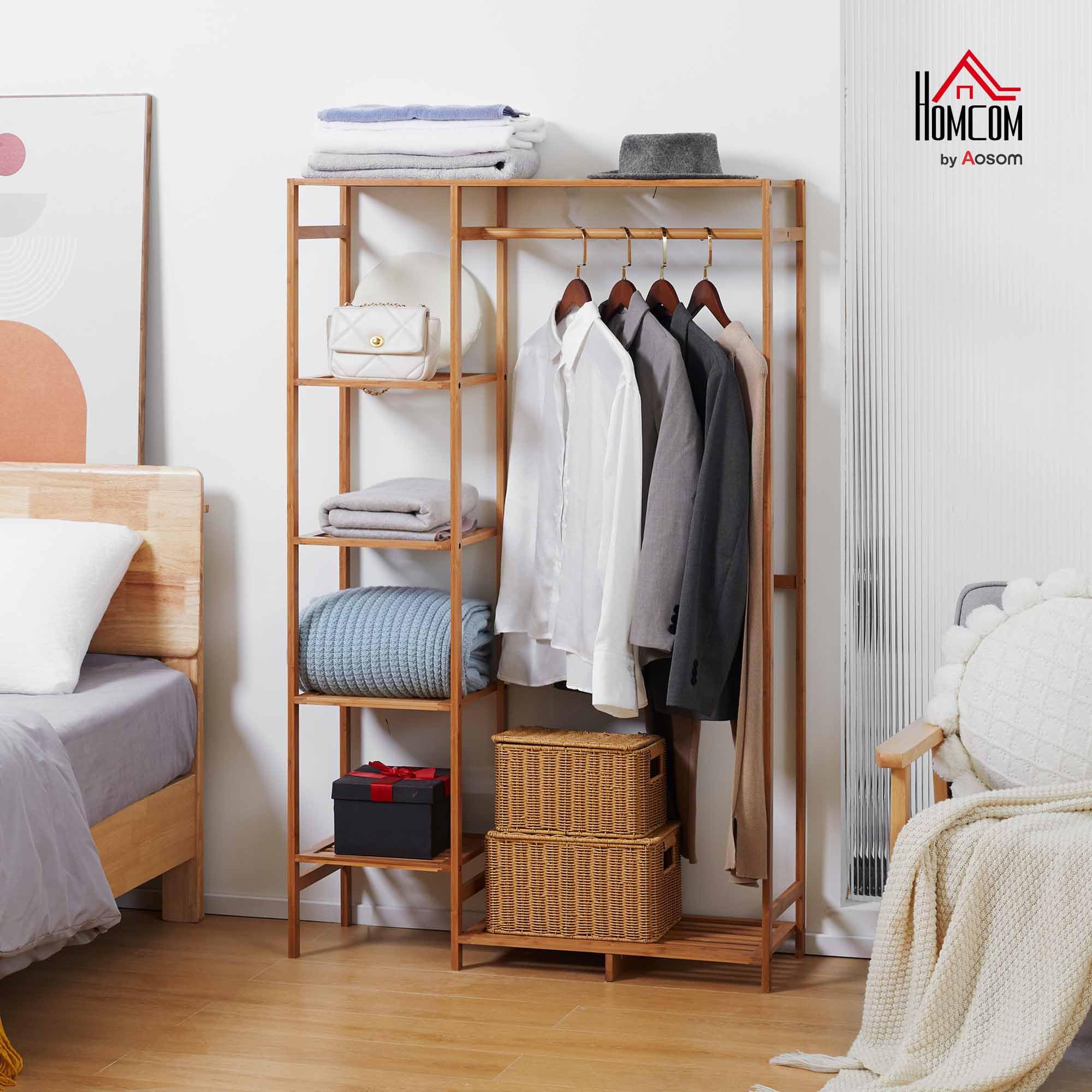HOMCOM Perchero de Pie de Bambú Perchero para Ropa con Estante de Almacenamiento de 6 Niveles y Varilla Colgante para Salón Dormitorio Entrada 90x30x145 cm Natural