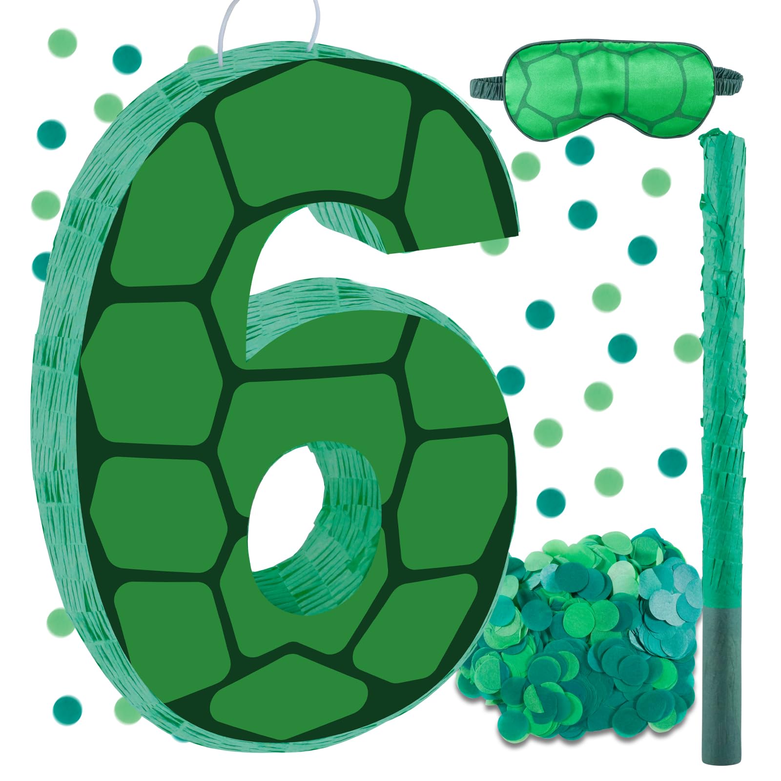 16 Inch Turtle Number 6 Pinata, Turtle Birthday Decorations, Turtle Theme Pinata with 16 Inch Stick Blindfold Confetti for Boy Girl Kids 6th Birthday