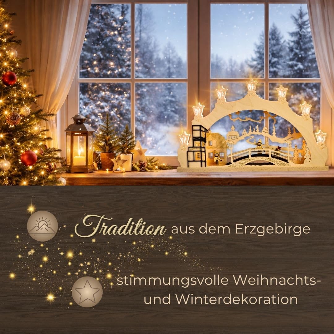 weigla - Schwibbogen original Erzgebirge I Lichterbogen Weihnachten I Motiv Winterkinder Erzgebirge I 7 Lampenkerzen + 1 Ersatzlampe I 7 x 34 V, 3 W, E10 I beleuchtete Weihnachtsdeko