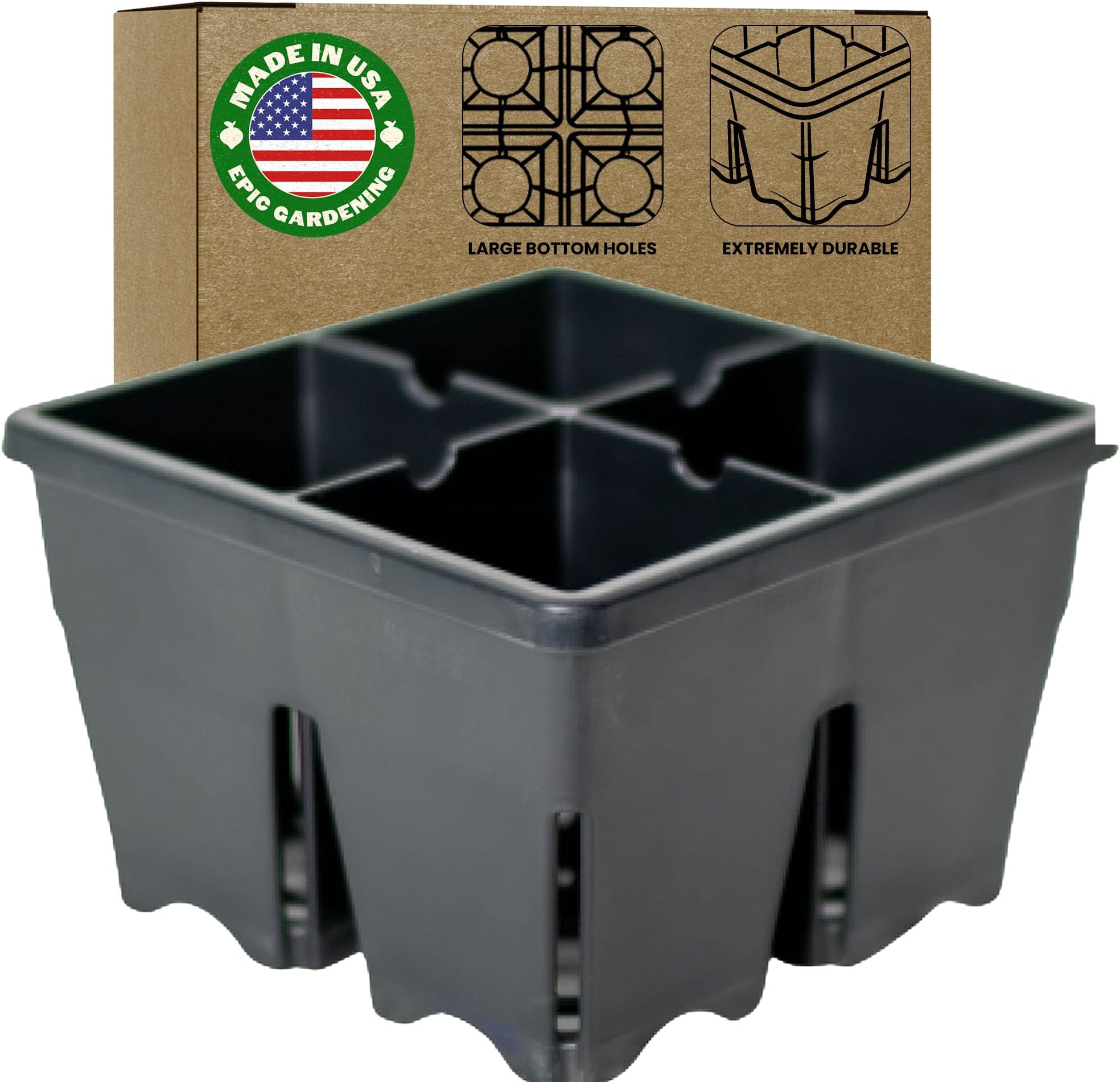 Epic Reusable Seed Starter Tray - Easy Watering Seed Starting Trays - Gardener Friendly Plant Trays for Seedlings | UV-Treated BPA-Free Seedling Tray -4-Cell 4" Seed Starting Trays - Black /4 Trays