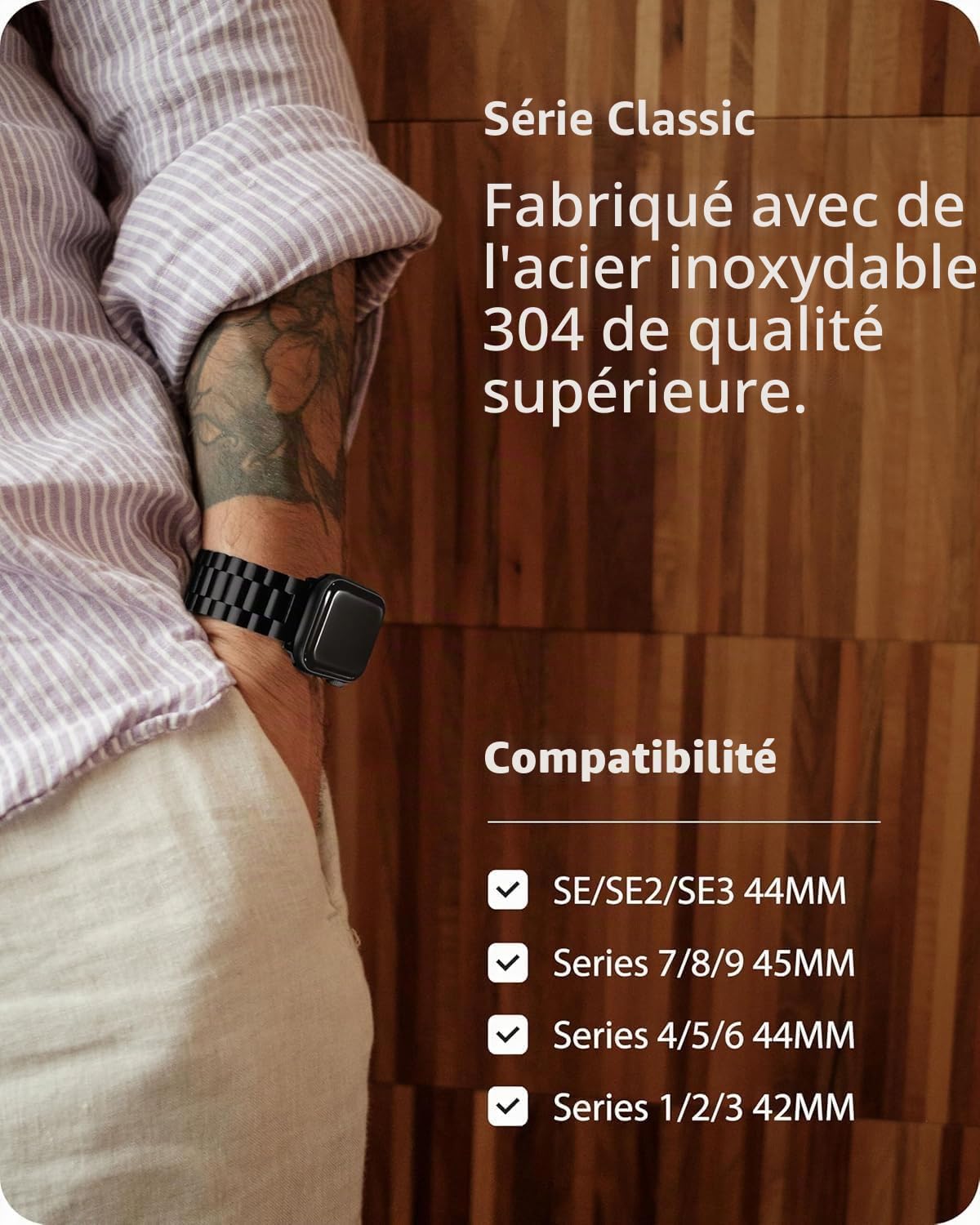 Fullmosa Bracelet Compatible avec Apple Watch 44mm 45mm 42mm, Bracelet iWatch en Acier INOX pour apple watch Se1/2/3 Series 9/8/7/6/5/4/3/2/1(Noir,42mm/44mm/45mm)