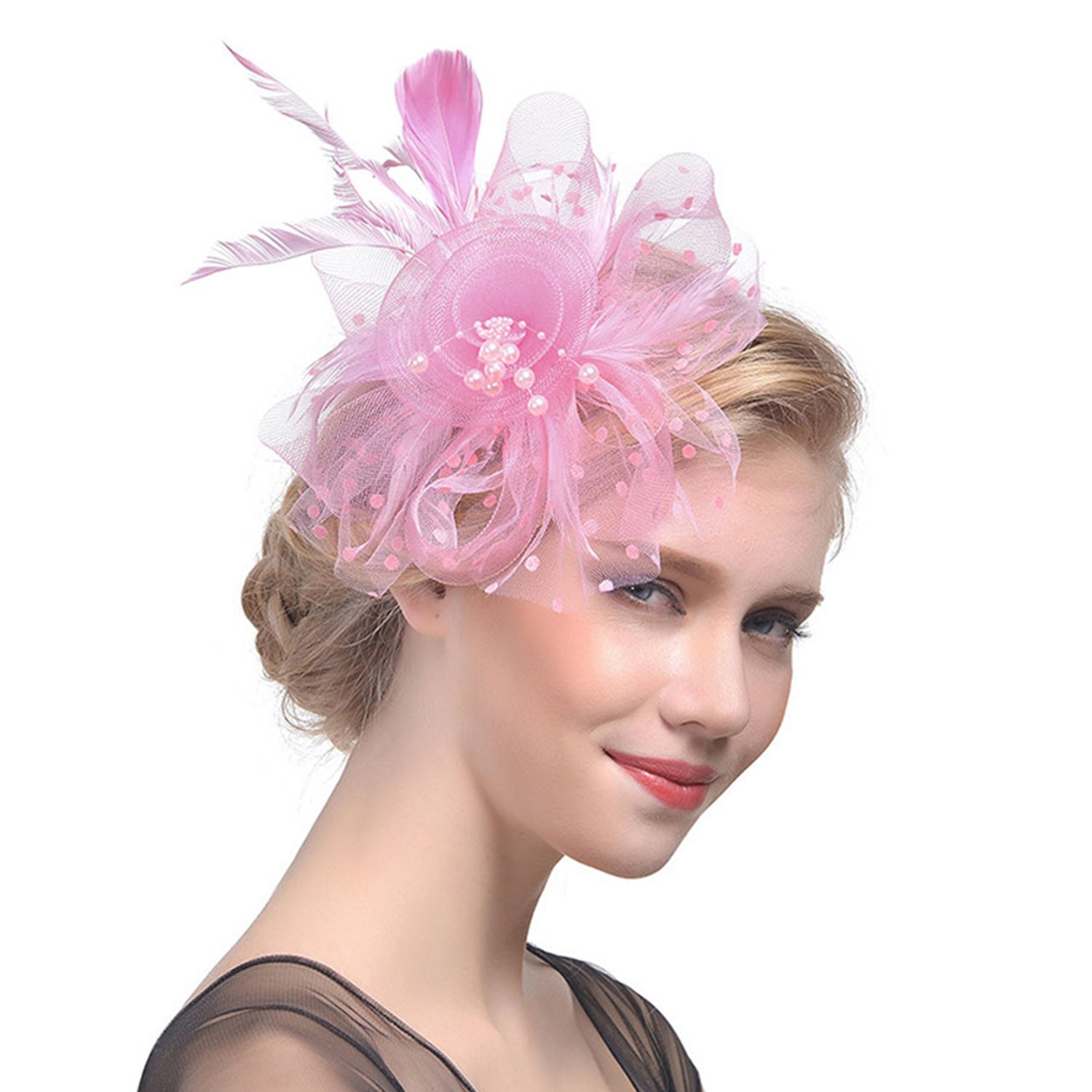 Ylucky Women Ladies Dot Mesh Feather Headband Fascinator with Yarn Beads Elegant Curlicue Feather Headwear Hat Bridal Wedding Cocktail Tea Party Derby Headwear Races Hats Hair Accessory Pink