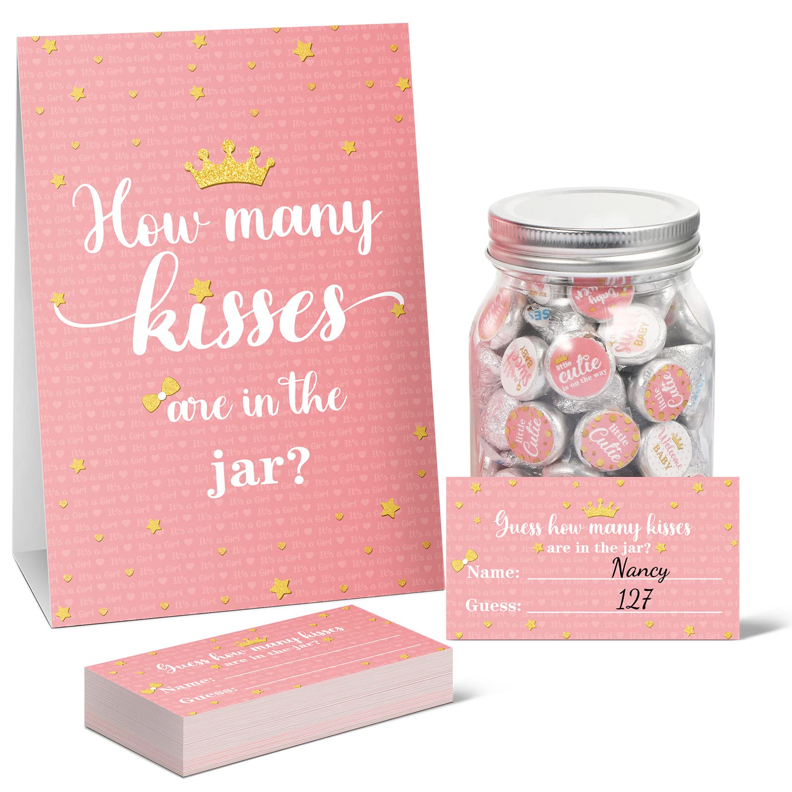 Containlol 555 Pcs How Many Kisses Baby Shower Games, Pink and Gold Standing Sign Guessing Cards Kisses Stickers for Kids Girl Birthday Baby Shower
