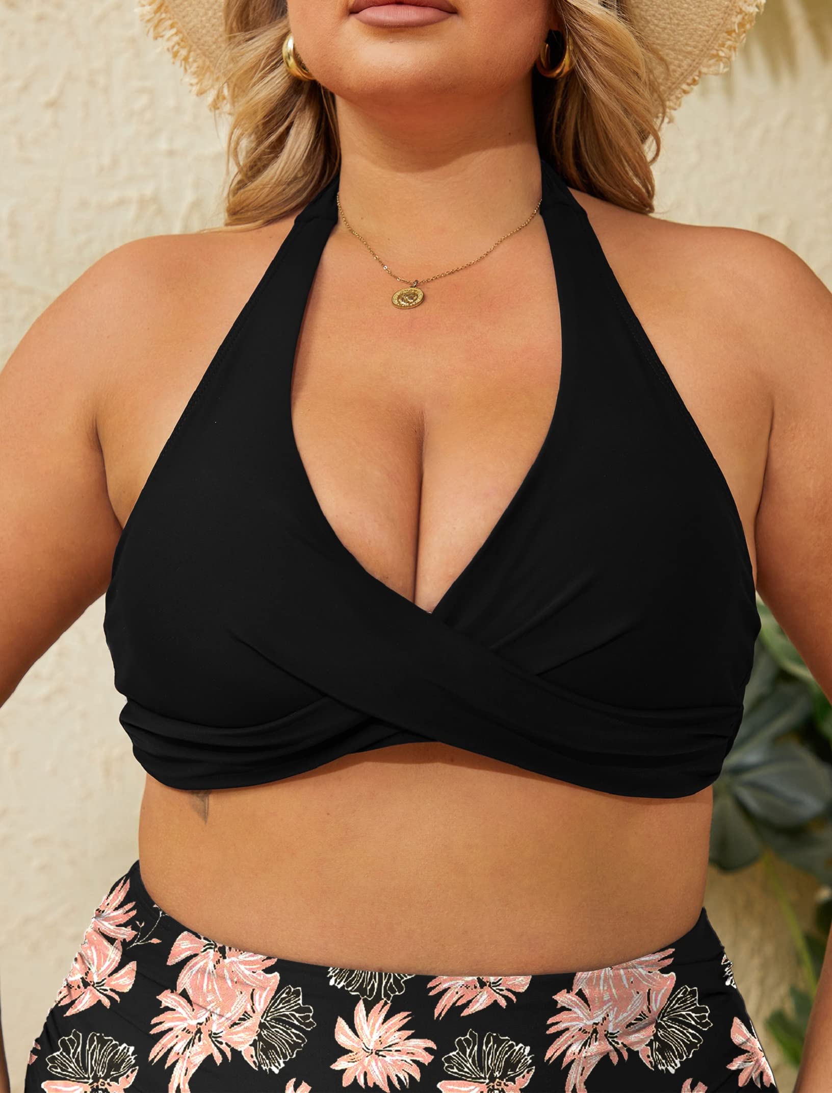 Mujer Bikini Dos Piezas Cintura Alta Fruncido Traje de Baño Cuello en V Control de Vientre Tallas Grandes
