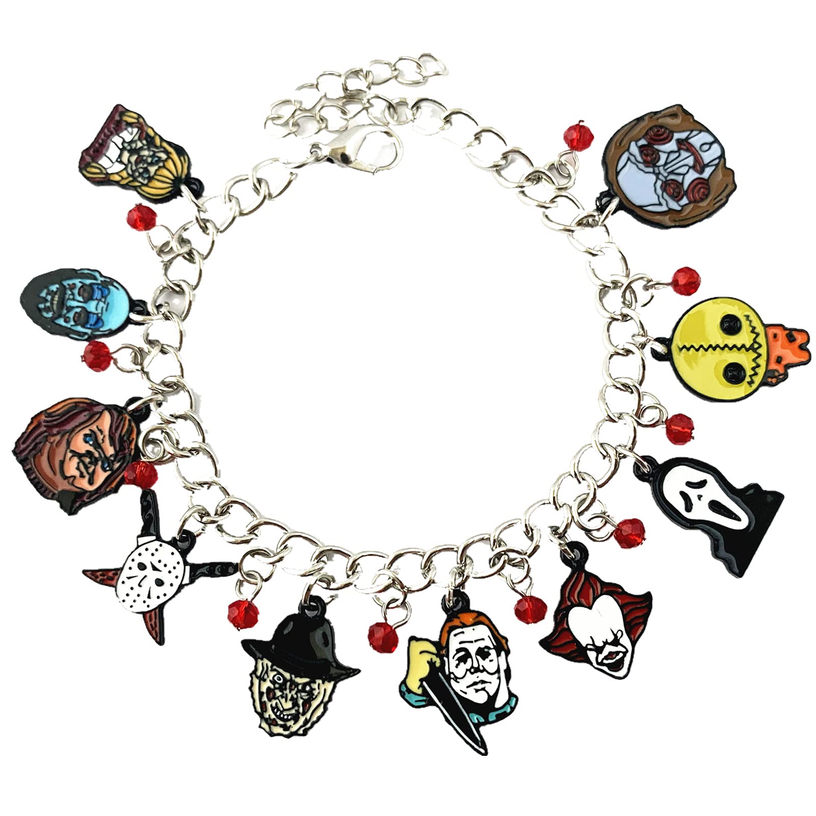 Twin Six Horror Halloween Bracelet Charm, Michael Myers Jason Voorhees Sam Trick R Treat Freddy Krueger It PennyWise Chucky Face Gift for Women and Girls