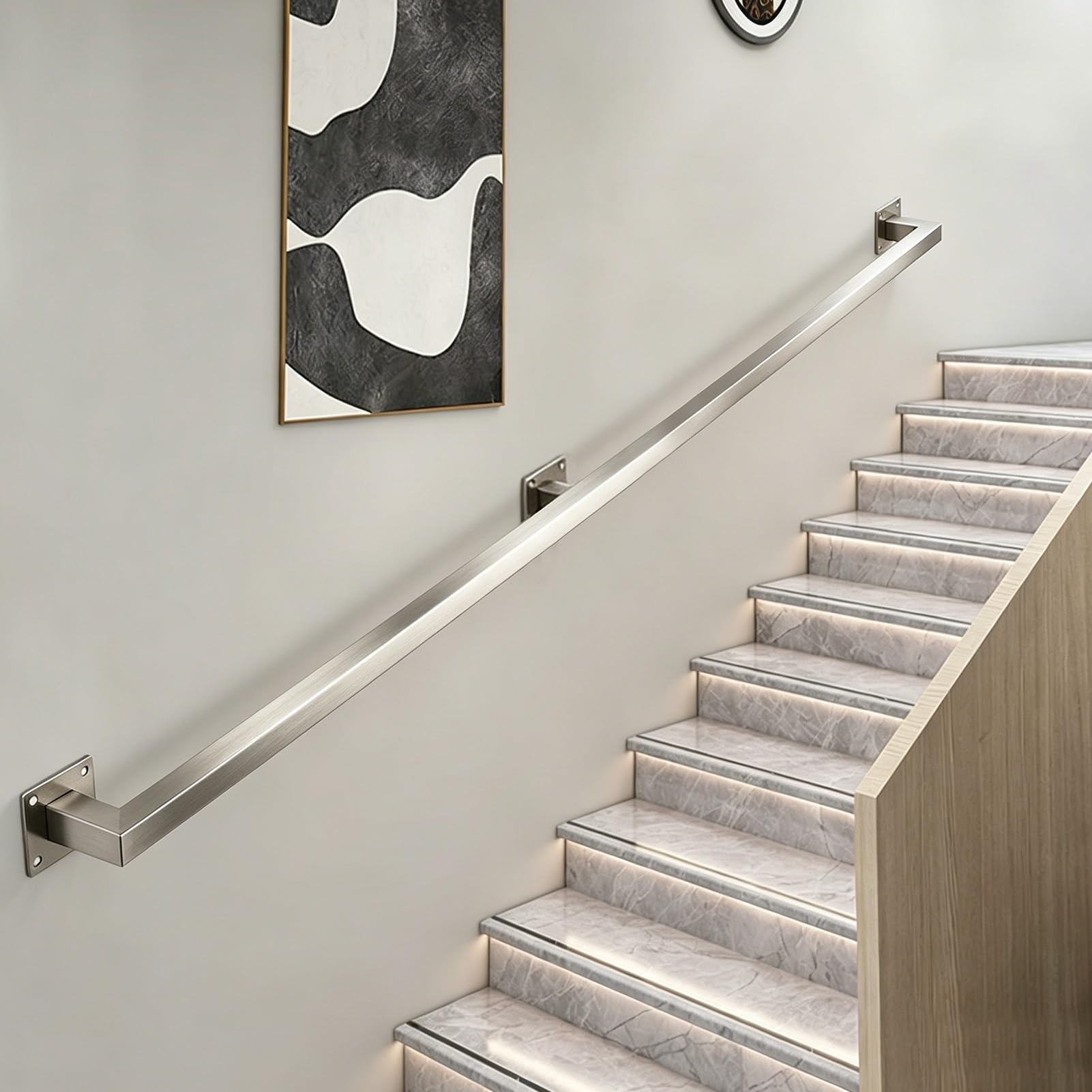 Stainless Steel Stairs Handrail, Silver Square Pipe Wall Support Handle with Fittings, Non-Slip Banister Grab Bar for Garden Corridor Lofts Kindergarten - Complete Kit(16ft/4.8m)