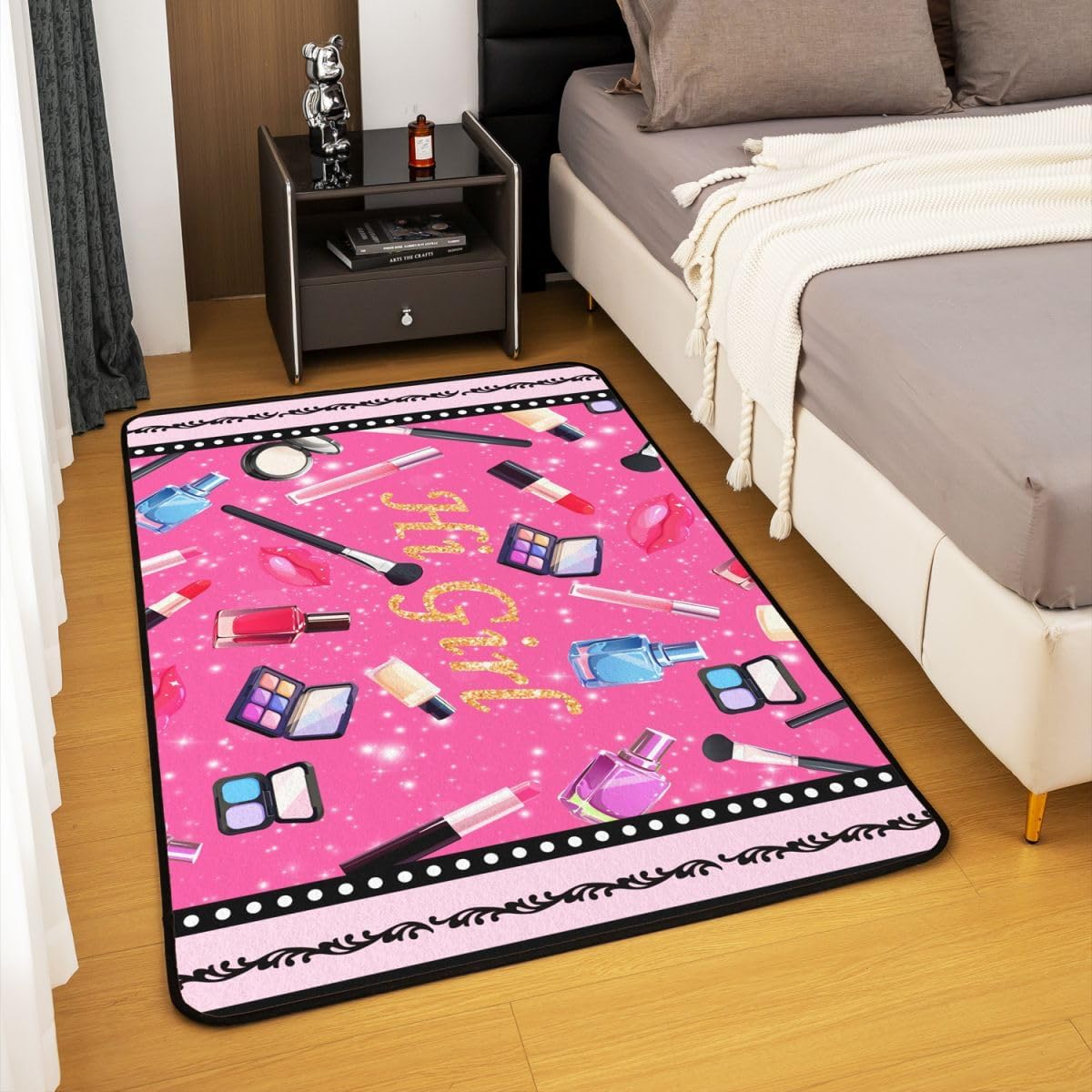 Girls Women Cosmetic Area Rug 3'x5'x0.39'' for Bedside,Makeup Theme Modern Fashion Decor Lipstick Lip Non Slip Decorative Rug for Living Room Decor,Retro Black Flowers Print Indoor Floor Mat