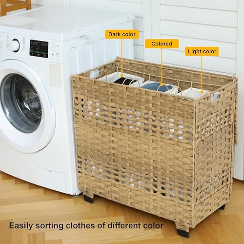 Miniatura 5 de OIAHOMY Cesta de lavandería con tapa, cesta de ropa de 140 litros con 3 bolsas extraíbles con forro, cesta plegable con tapa, cesta de mimbre