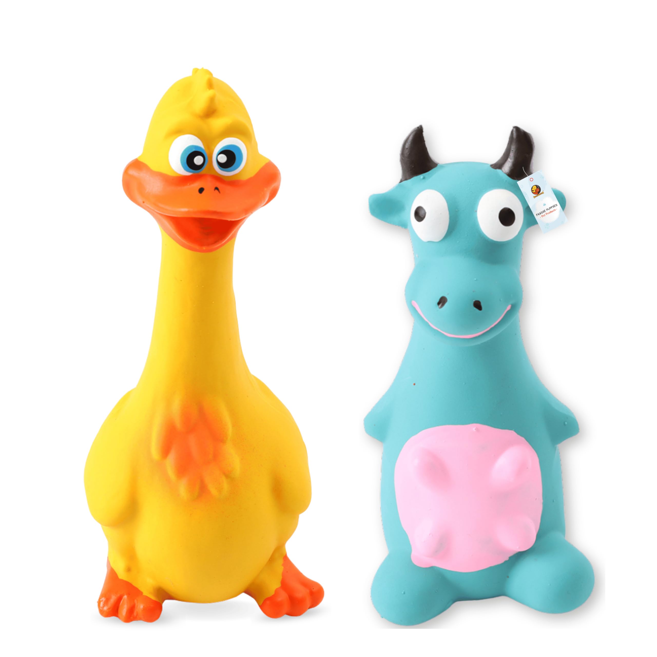 Foodie Puppies Latex Squeaky Dog Toys Combo - (Blue Bull + Yellow Duck) | Durable, Animal Design Chew Toy for Teething, Fetching & Playing | Suitable for Cats, Kitten, Small to Medium Dogs & Puppies