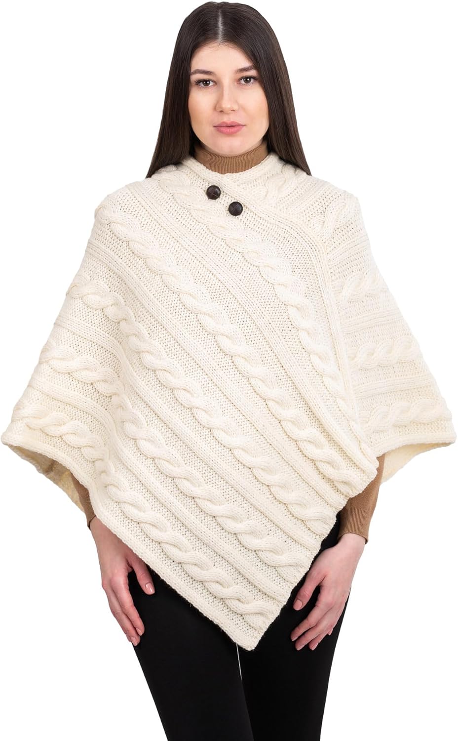 Women's Irish Aran Poncho - 100% Virgin Wool Cable Knit Wrap with Buttons, Warm Cape Shawl