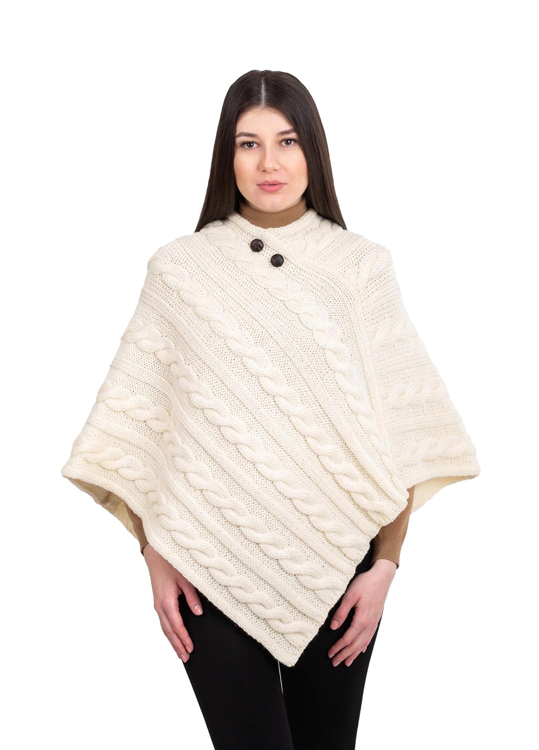 Womens Irish Aran Poncho - 100 Virgin Wool Cable Knit Wrap with Buttons Warm Cape Shawl