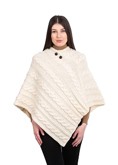Womens Irish Aran Poncho - 100 Virgin Wool Cable Knit Wrap with Buttons Warm Cape Shawl