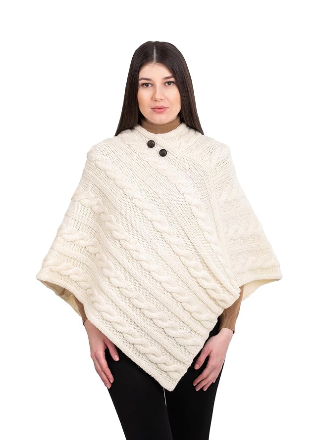 Womens Irish Aran Poncho - 100 Virgin Wool Cable Knit Wrap with Buttons Warm Cape Shawl