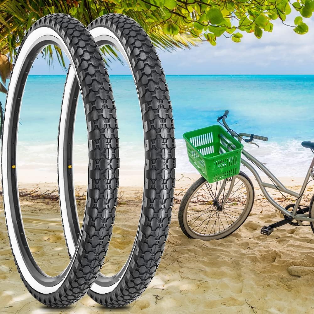 SIMEIQI 2 Pack 26"x2.125" Inch Cruiser Bike Tires and Tubes White Wall Beach Bicycle Tires with 2 Levers AV Valves,2 Rim Strips,Glueless Self-Adhesive Patches Repair Kit