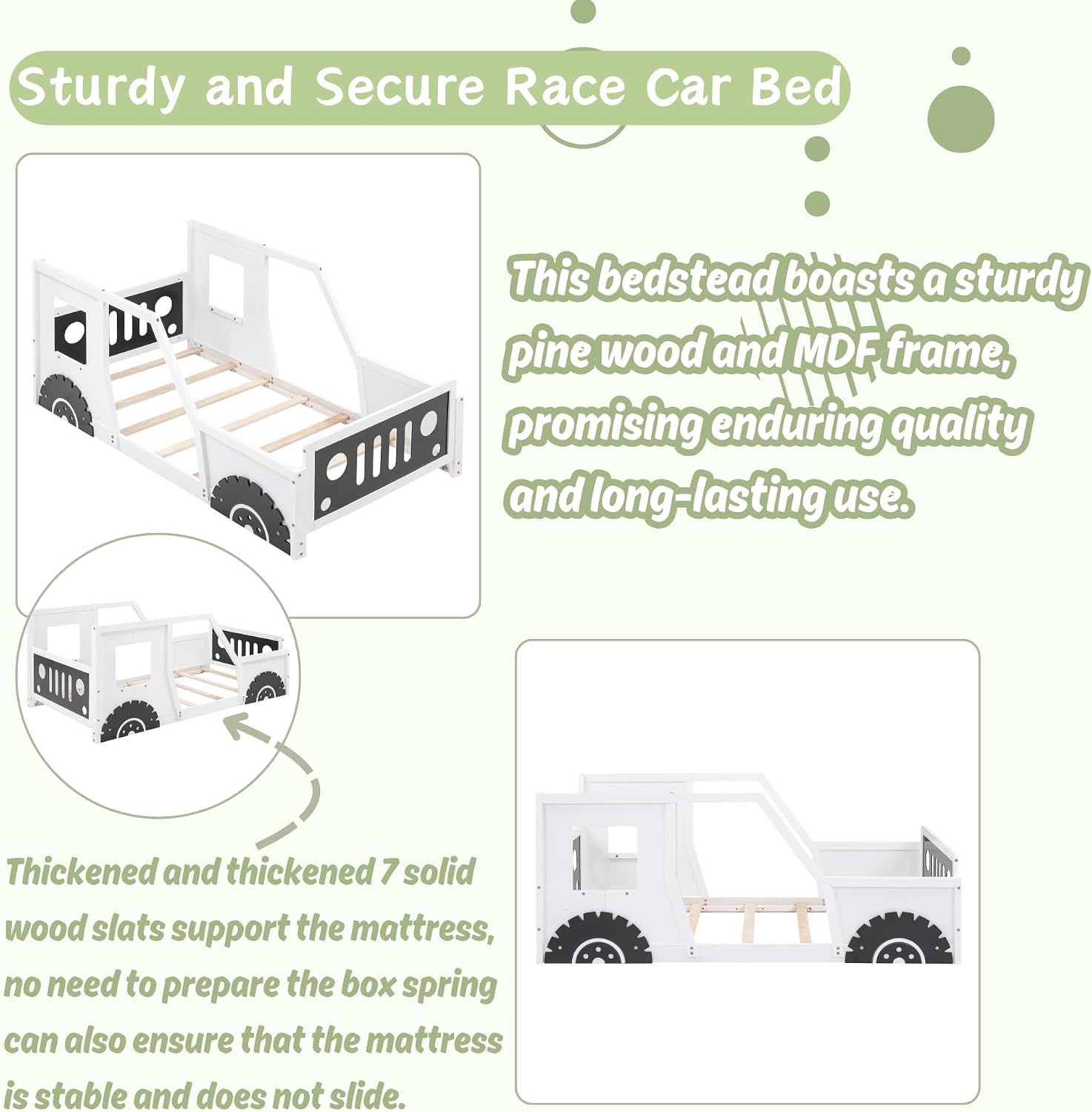 Twin Size Car Bed, Wood Floor Bed Frame with Headboard & Footboard and 4 Side Rails, Kids Racecar Bed for Boys Girls Teens, White