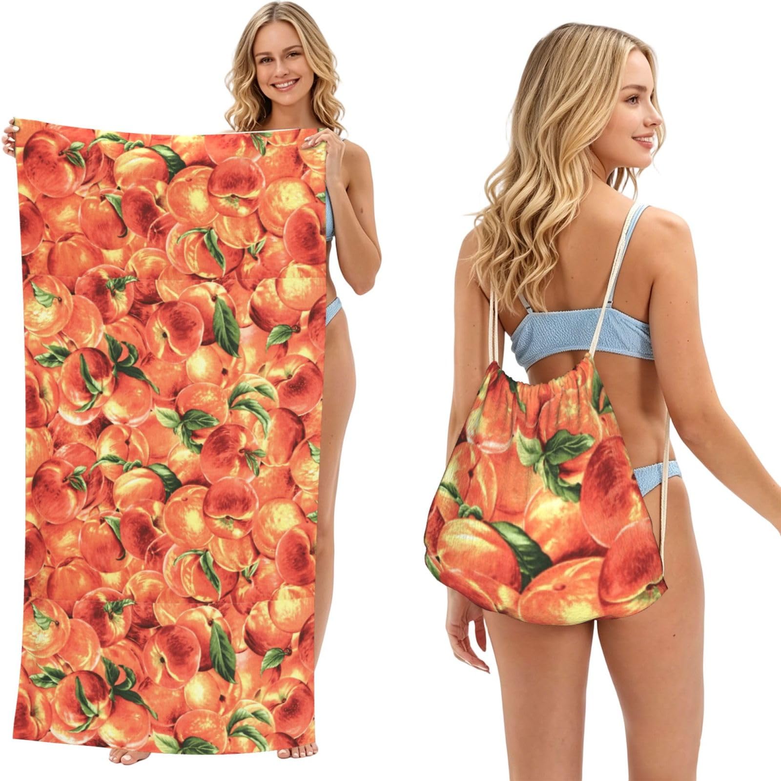 Poadnly As Picture Delicious Peach, 2 In 1 Packable Towel Bag, Beach Towels With Drawstring Backpack For Travel Holiday Camping