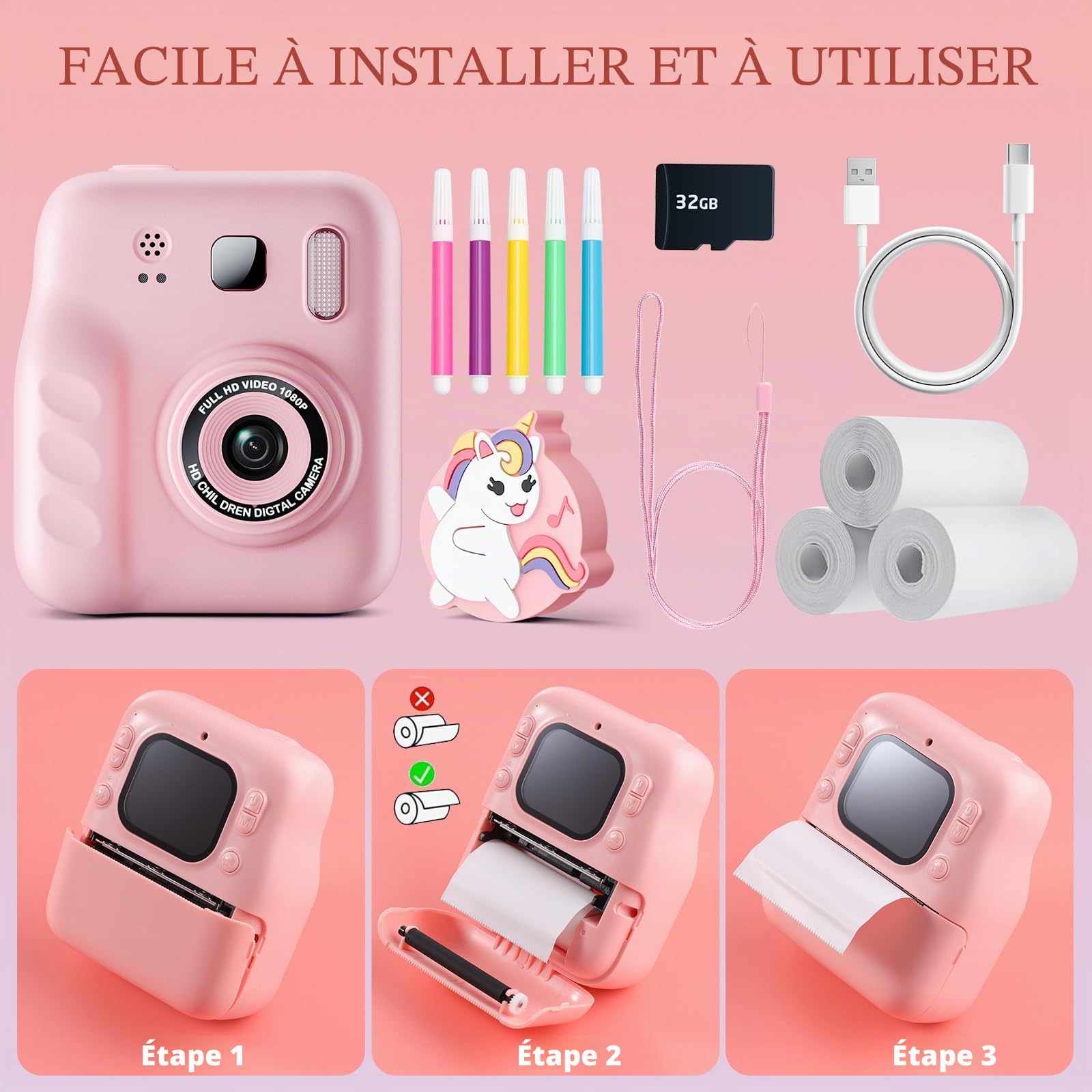 Appareil Photo Enfant,1080P Appareil Photo Numérique Enfant,Appareil Phot.o Instantané avec Carte 32GB & Papier d'impression,Cadeau Jouet de Noël pour Filles et Garçons 3 à 12 Ans