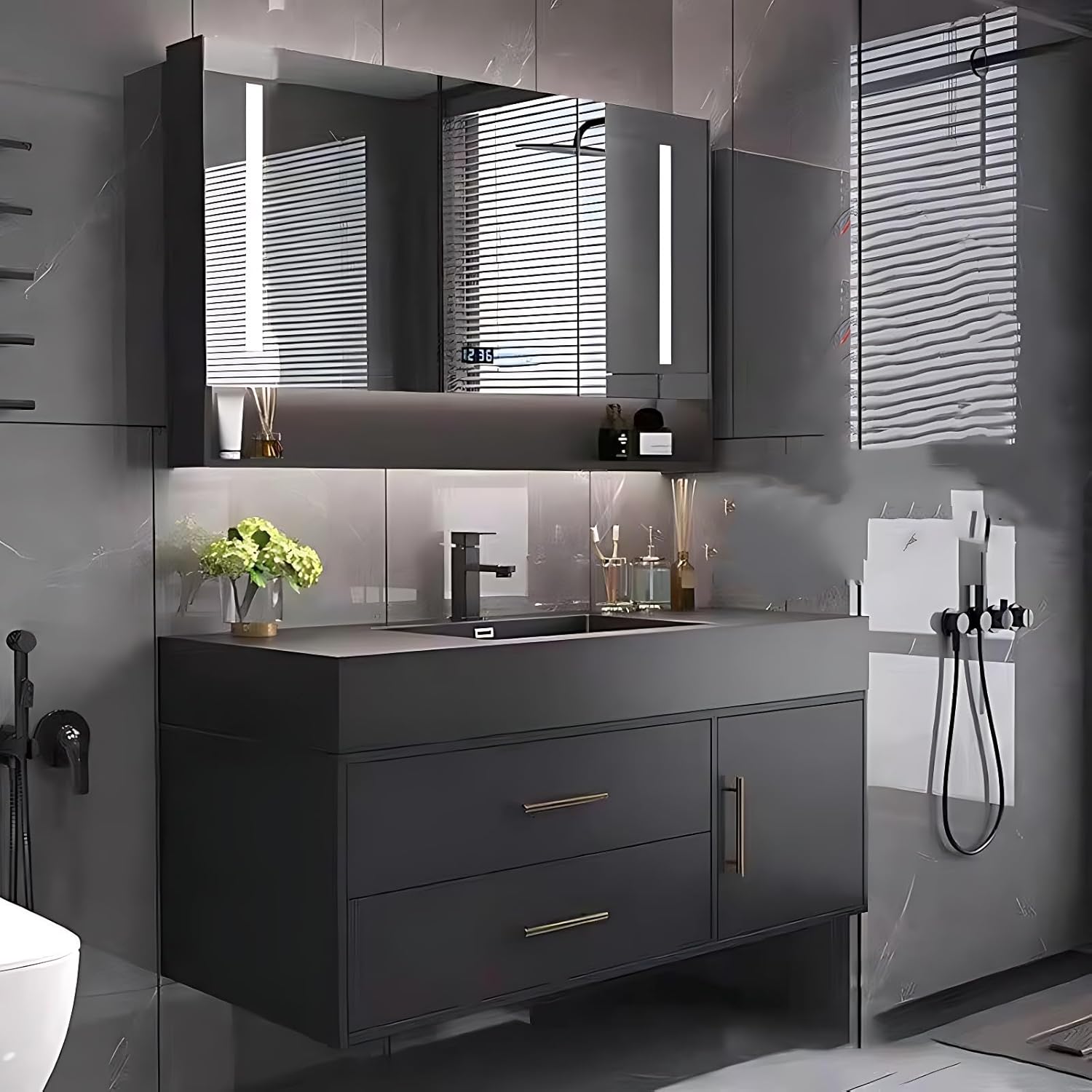 32IN Bathroom Vanity with Single Sink, Smart Mirror Cabinet Including Demisting and LED Light, Modern Wall Mounted Bathroom Vanities, Solid Wood