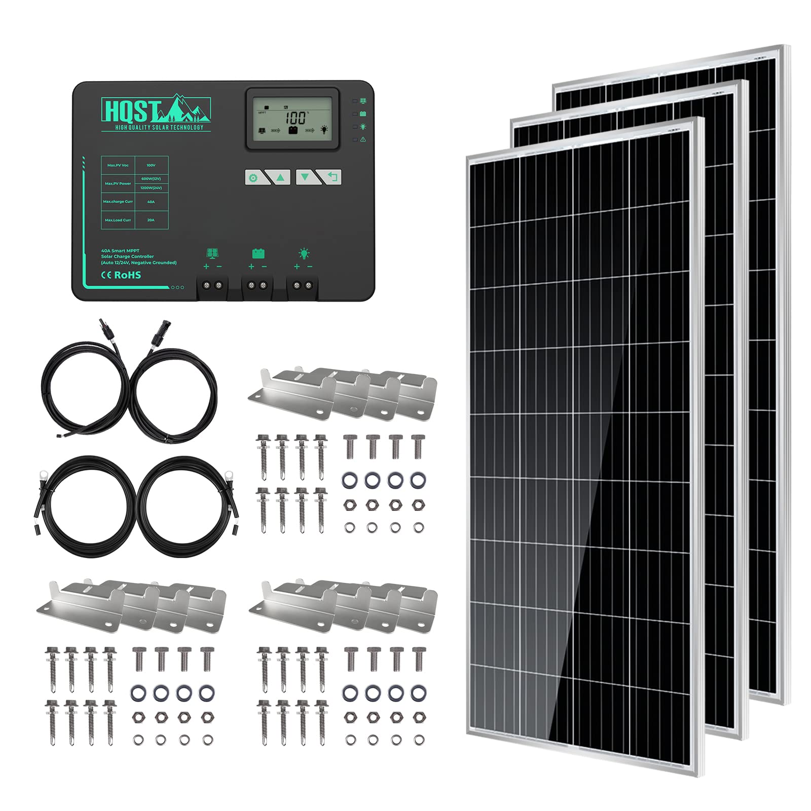 HQST570W 12V/24V High-Efficiency RV Solar Panel Kit with 40 Amp MPPT Charge Controller, Adaptor Kit, Tray Cables, Mounting Z Brackets for Camper Vans, RVs, Cabins, Boats, Rooftops