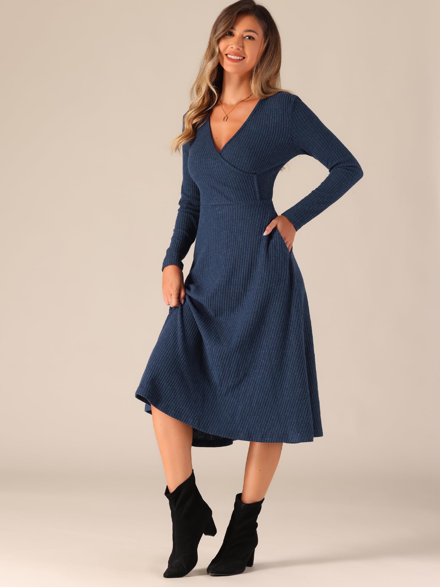 Allegra K Robes en Tricot Femme Col en V Robe d'hiver Chaud à Manches Longues Robe Mi-Longue Trapèze Côtelée