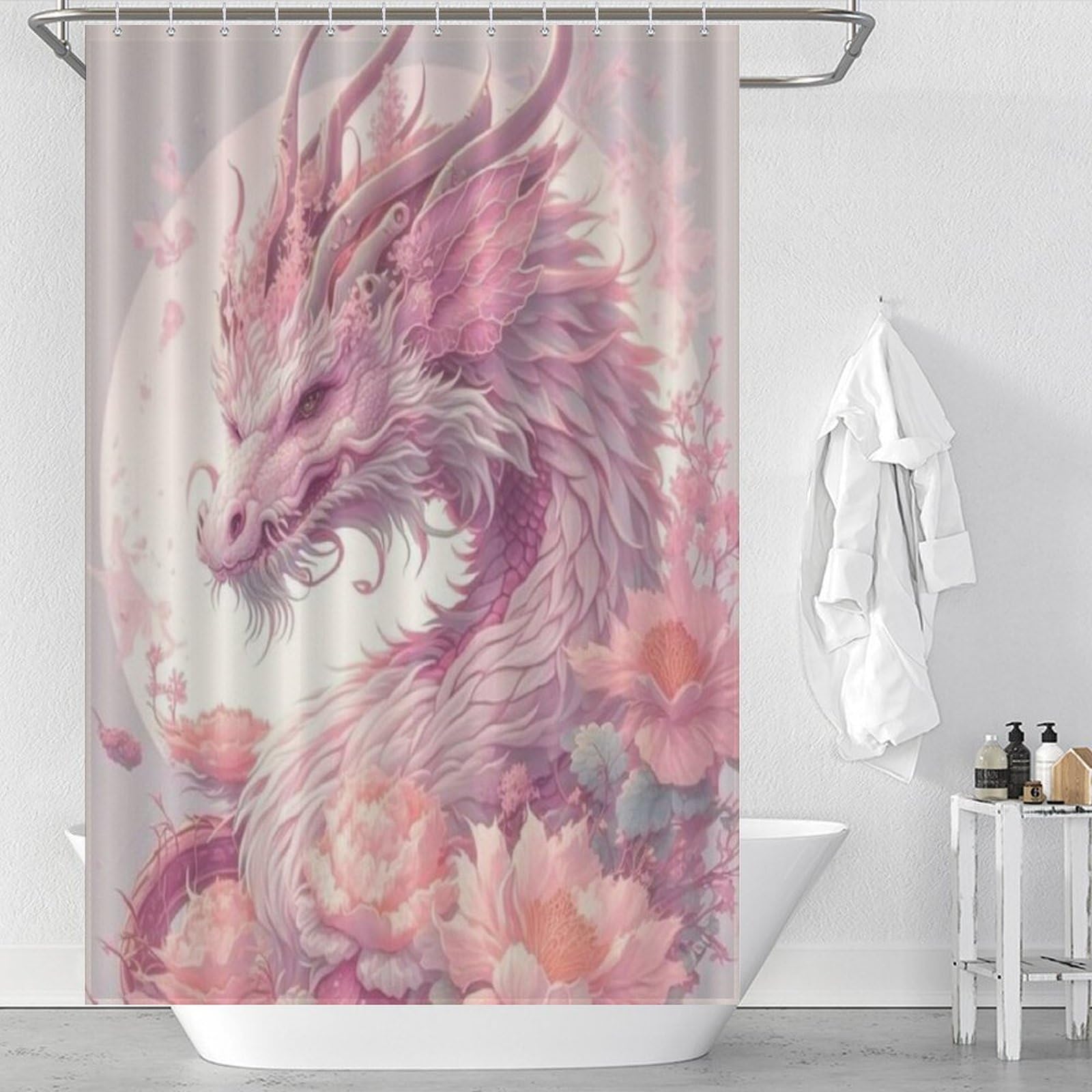 Rideaux salle de bain dragon en tissu anti moisissure avec 12 anneaux