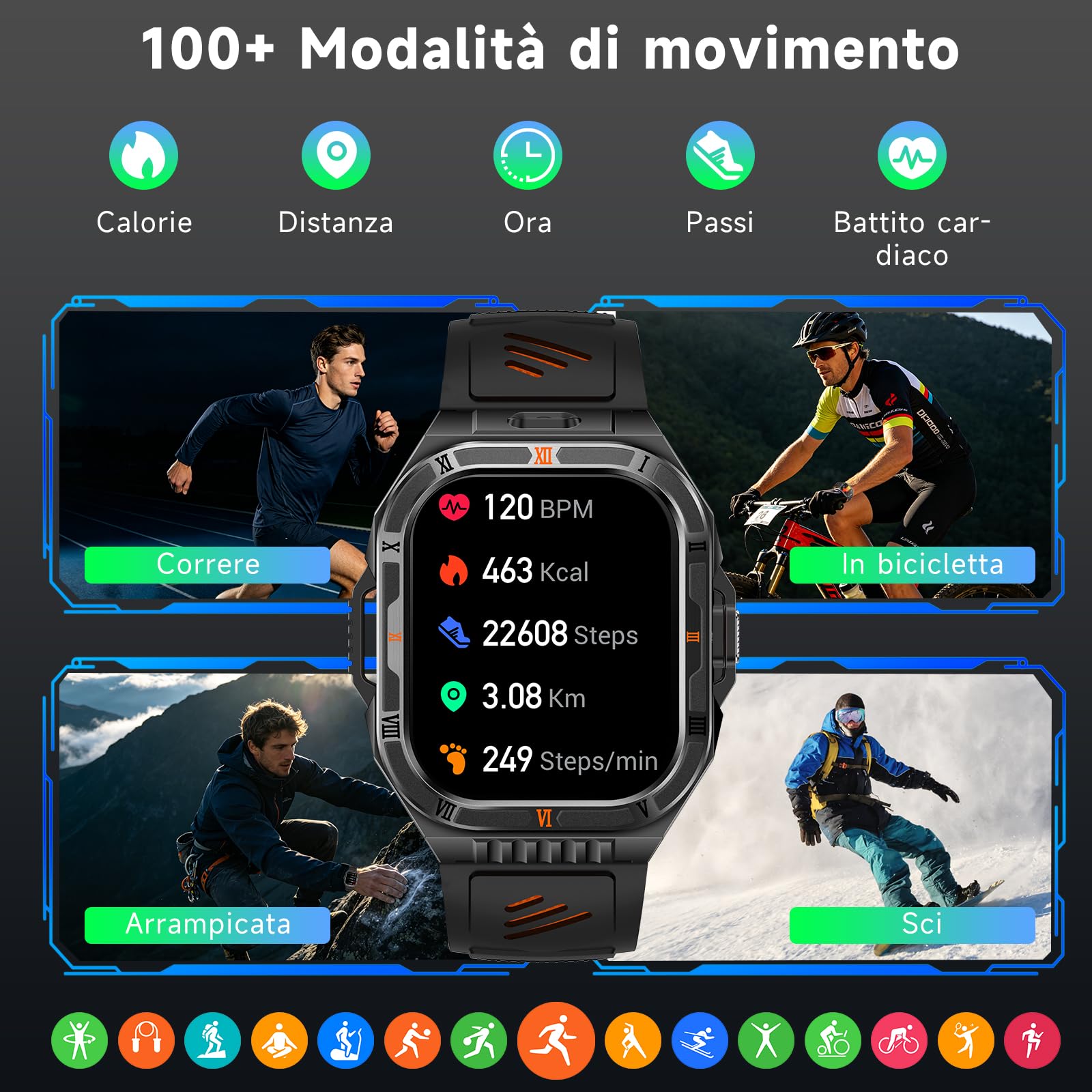 Smartwatch Uomo Militare con AI-GPT, 1100mAh Batteria, 2,01" Orologio Uomo | Chiamata Bluetooth, Torcia LED, Bussola, 110+ Sport, IP68, Frequenza Cardiaca, Sonno, compatibile con Android e iOS
