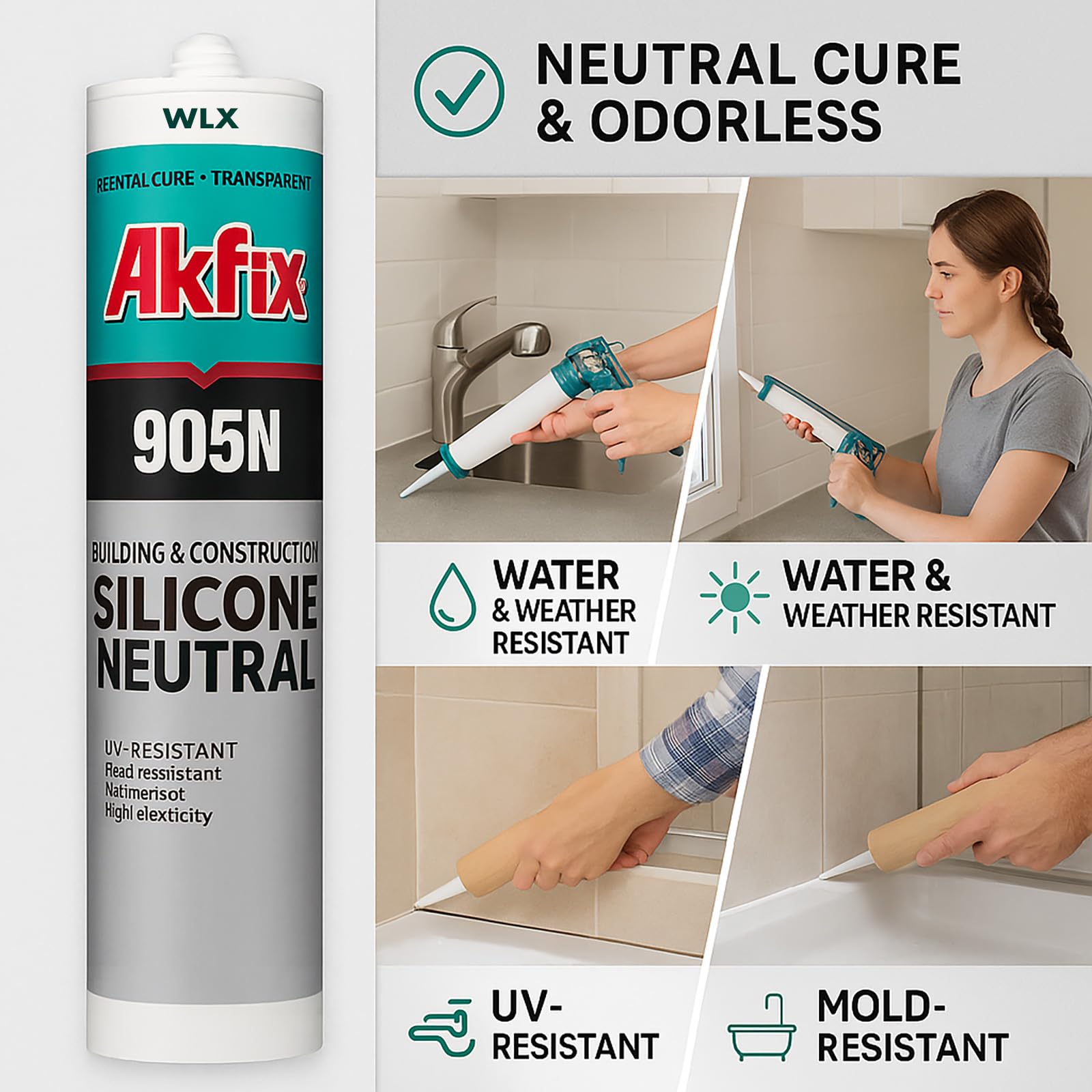 Silicone neutre transparent - Résistant aux UV, imperméable - Mastic pour salle de bain, cuisine, fenêtre et construction - 310 ml (6)