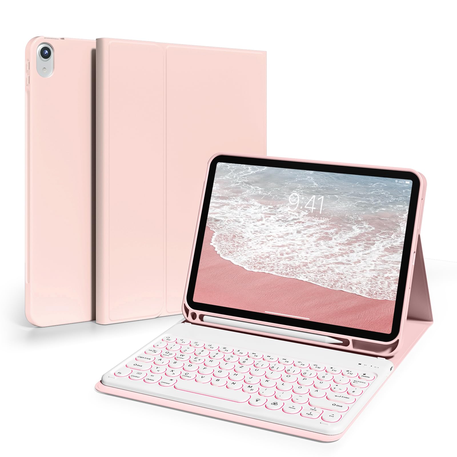 ZKTUYU Hülle mit Tastatur für iPad (A16) 11./10. Gen 2025/2022 | 7-farbige Beleuchtung Tastatur, Magnetisch Abnehmbare, QWERTZ Layout, für iPad 11/10 Generation (11/10,9 Zoll), Rosa