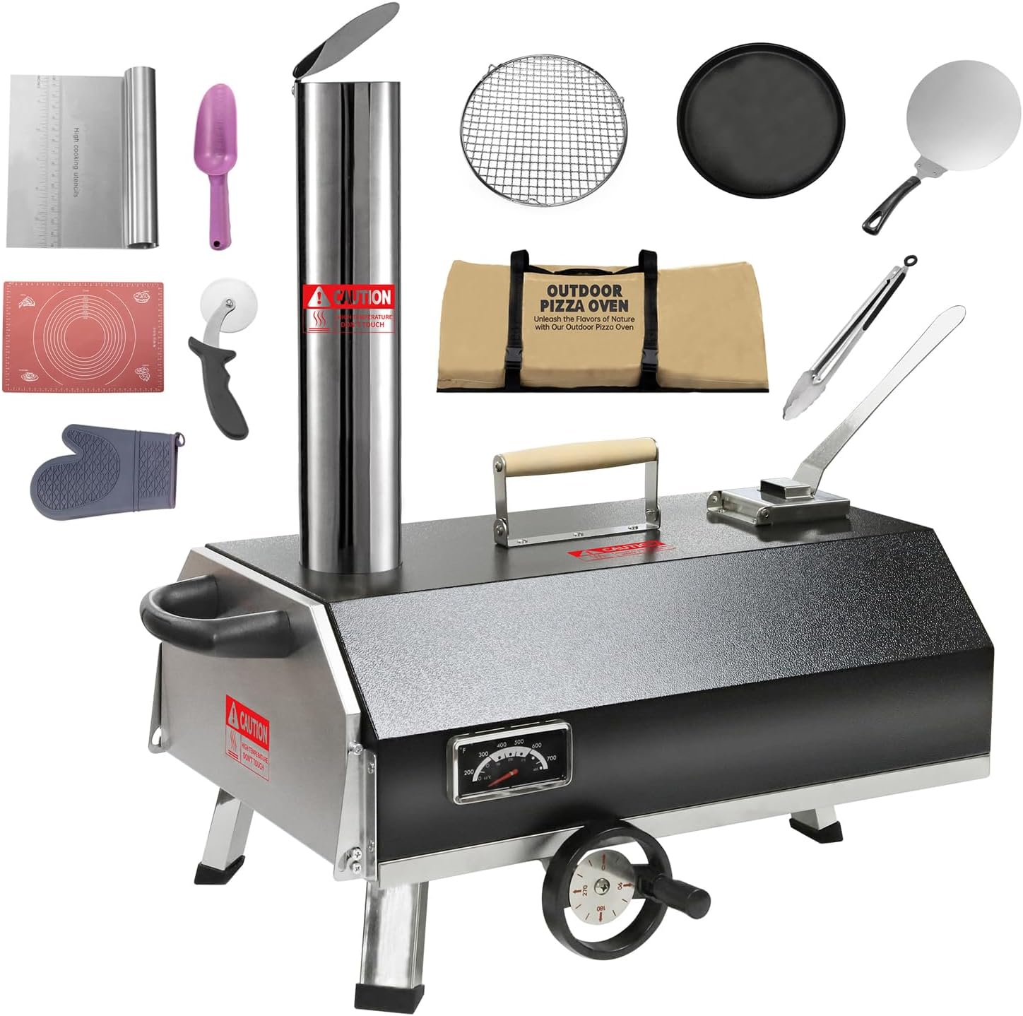 Pizza Oven Outdoor 12" Portable Wood Fired Pizza Oven Wood Pellet Pizza Maker With Built-in Thermometer for Outside Backyard Camping Garden Kitchen (Black)