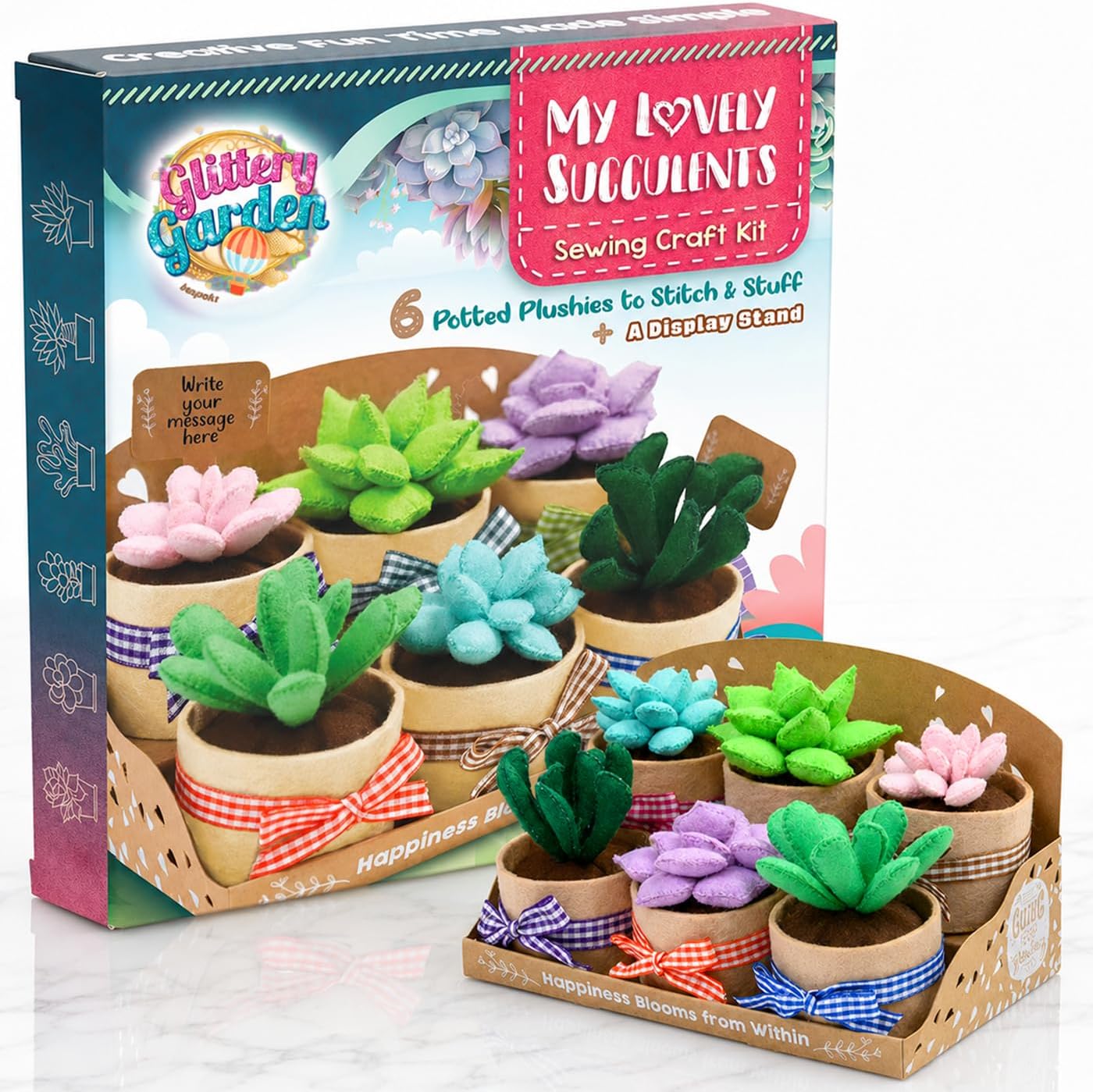 Glittery Garden Felt Succulent Craft Kit. Sewing Project to Make 6 Plushies | DIY Potted Colorful Mini Garden Stuffies & Display Rack Activity Set. Arts & Crafts Supplies. Great Gift for Teens and Adults