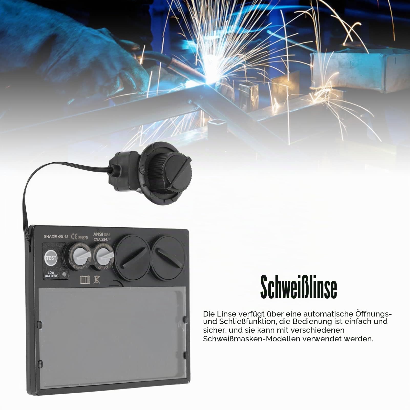 Automatisch verdunkelnde Schweißlinse, Schweißhelm-Ersatzlinse mit einstellbarer Empfindlichkeit, 100 x 50 mm große Schweißlinse, Schweißhaubenlinse mit 2 Lichtbogensensoren