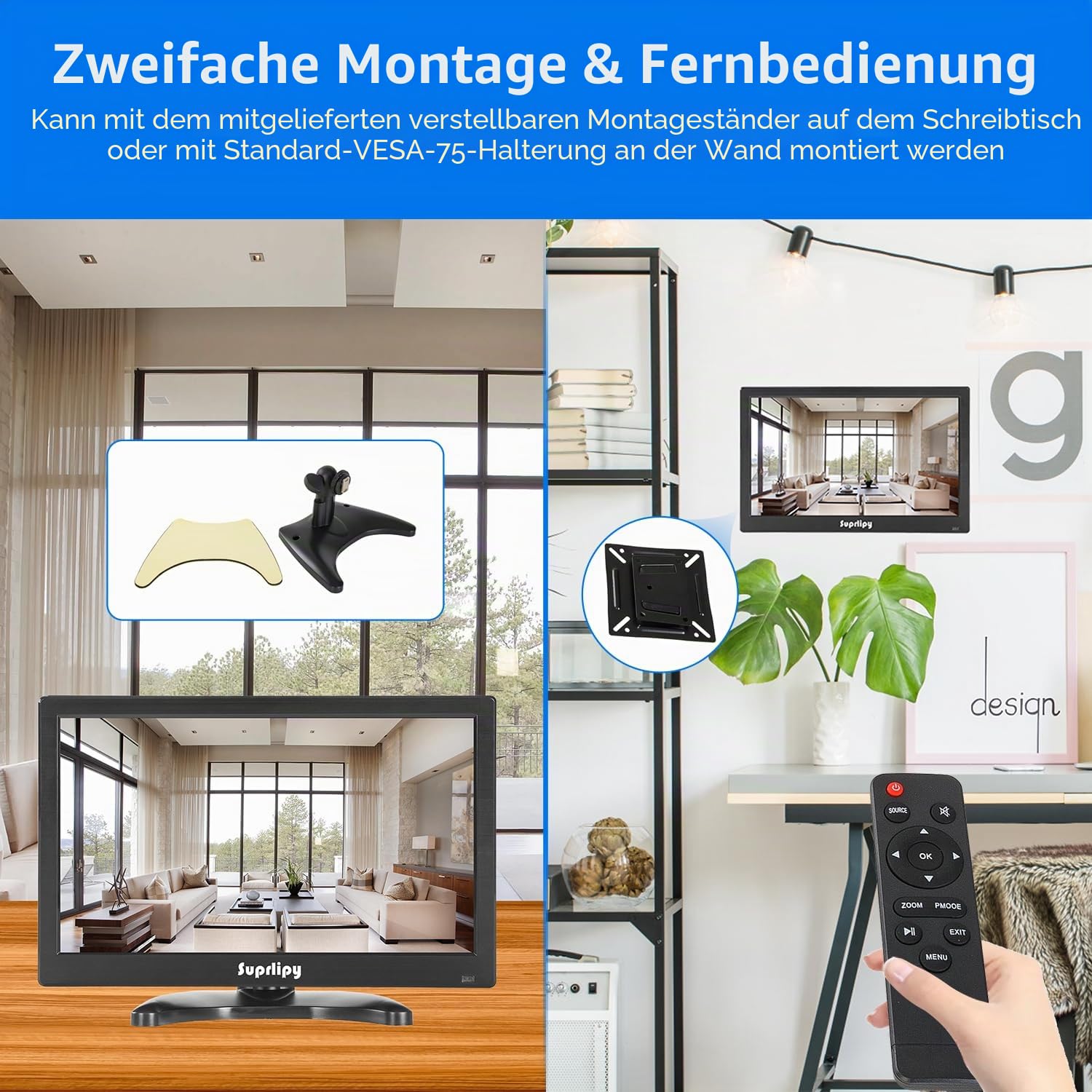 13,3 Zoll FHD Kleiner IPS-Monitor LCD-Bildschirm 1920x1080 60Hz 16:9 mit BNC VGA AV-Eingang Eingebaute Lautsprecher für CCTV-Überwachungskamera DVR PC RasPi