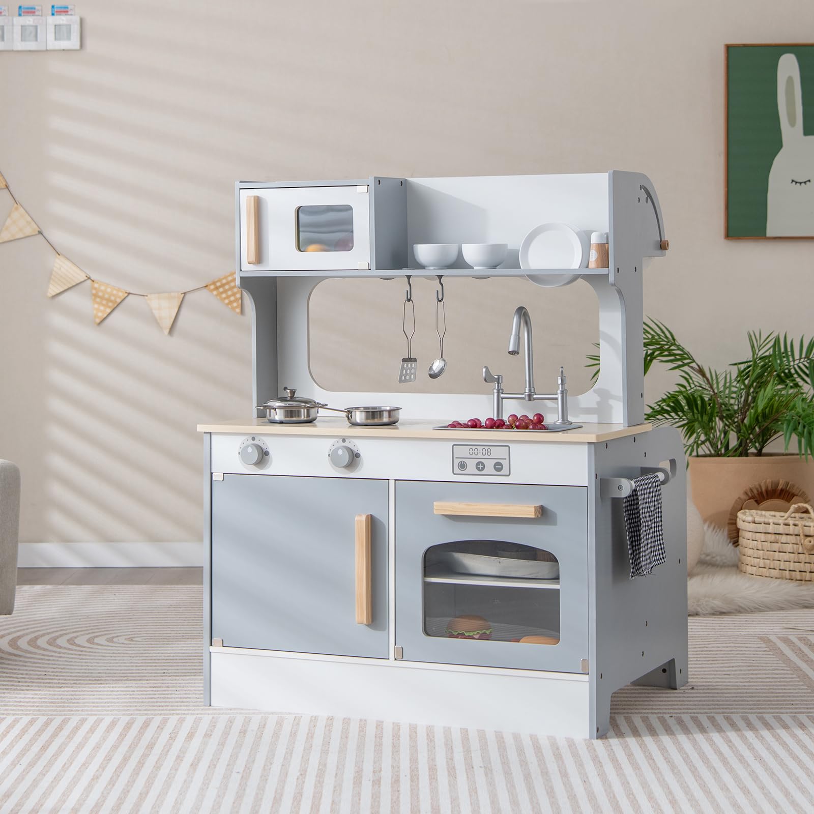 COSTWAY 2 in 1 Kinderküche mit Zubehör, Spielküche mit Restaurant zum Kochen & Servieren, Holzküche inkl. Wasserhahn Spüle Herd Ofen Handtuchhalter Haken, Spielzeugküche für Kinder ab 3 Jahren