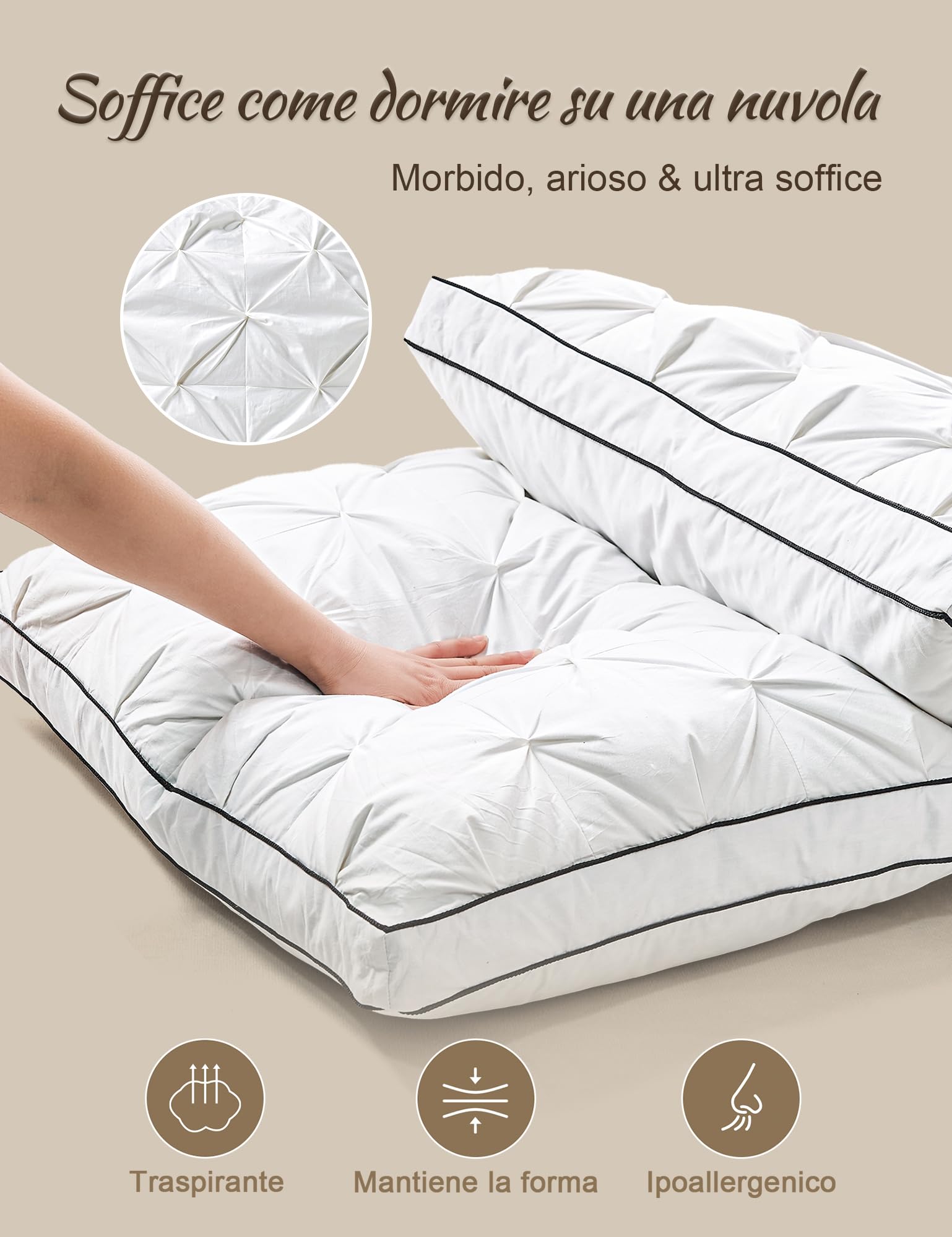 BPC Cuscino 3 Camere Piuma d'Oca, Bianco，50x75cm(set di 2) | 90% Piuma Esterna，100% Cotone Biologico，Qualità dell'hotel，Lavabile