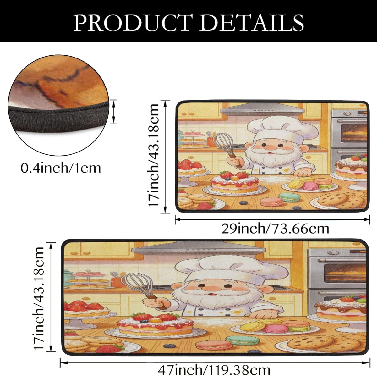 Anti Fatigue Cartoon Gnome Pastry Chef Kitchen Mats for Floor 2 Piece Set, Waterproof Non Slip Boho Kitchen Floor Rugs, Comfort Standing Mat for Sink Laundry & Home Kitchen 17"x47"+17"x29"