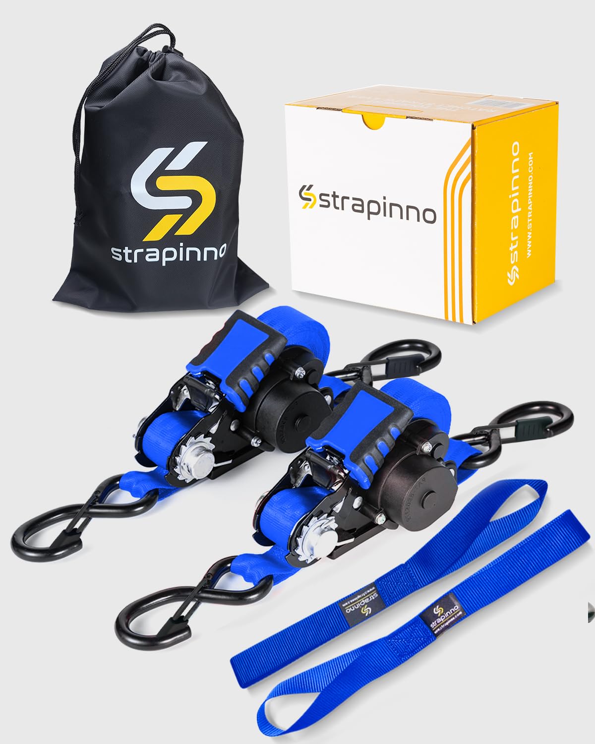 Strapinno Retractable Ratchet Straps - 1 in x 12 ft Heavy Duty Tie Downs, 1800lbs Breaking Strength Each, S Hooks with Safety Clip, AutoRetract, for