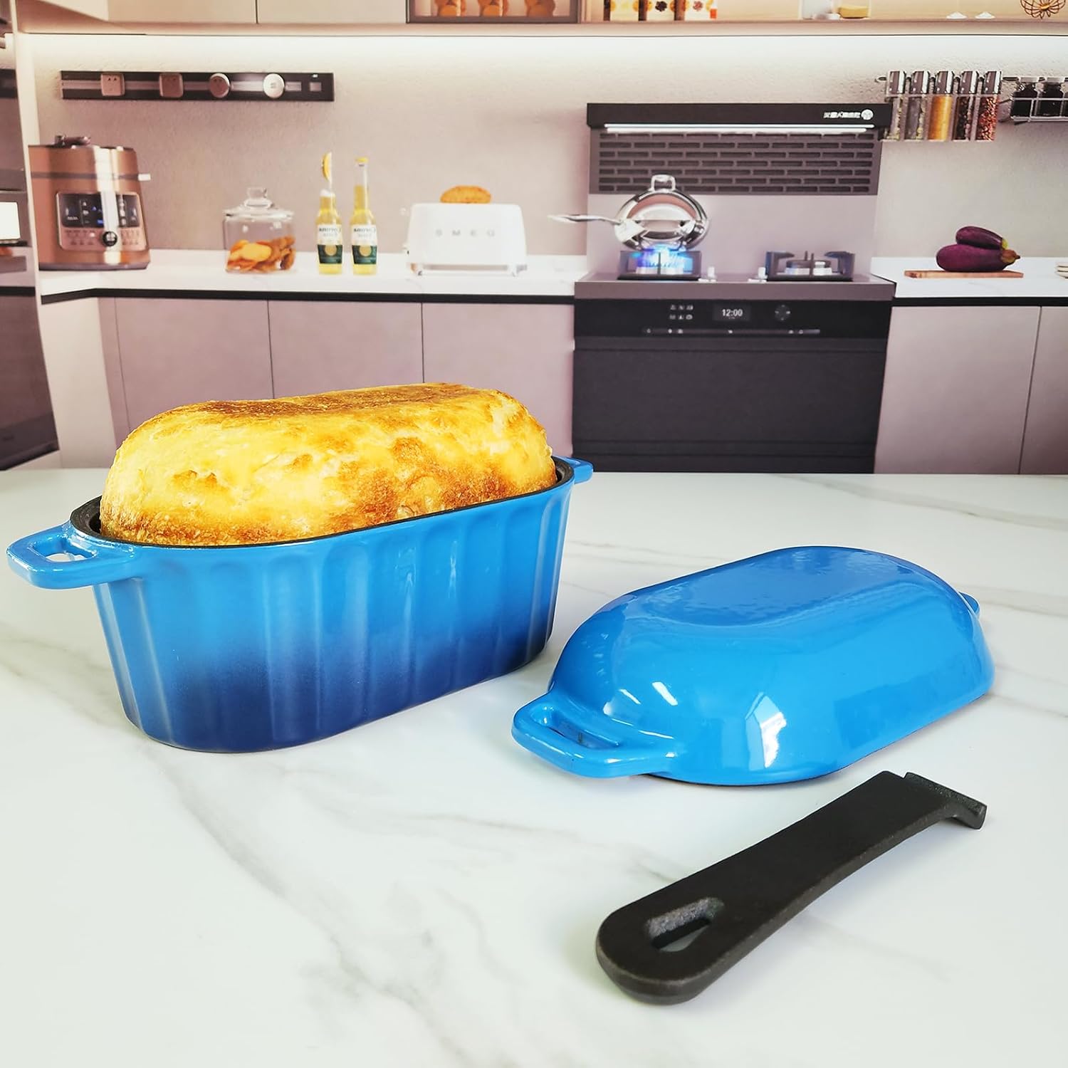 Dutch Oven Enameled Cast Iron Bread Pan with Lid Sourdough Loaf Pans for Baking Bread Large Heavy Oval Bread Dutch Oven with Movable Handle 4 Qt Blue Dishwasher Safe - Image 3