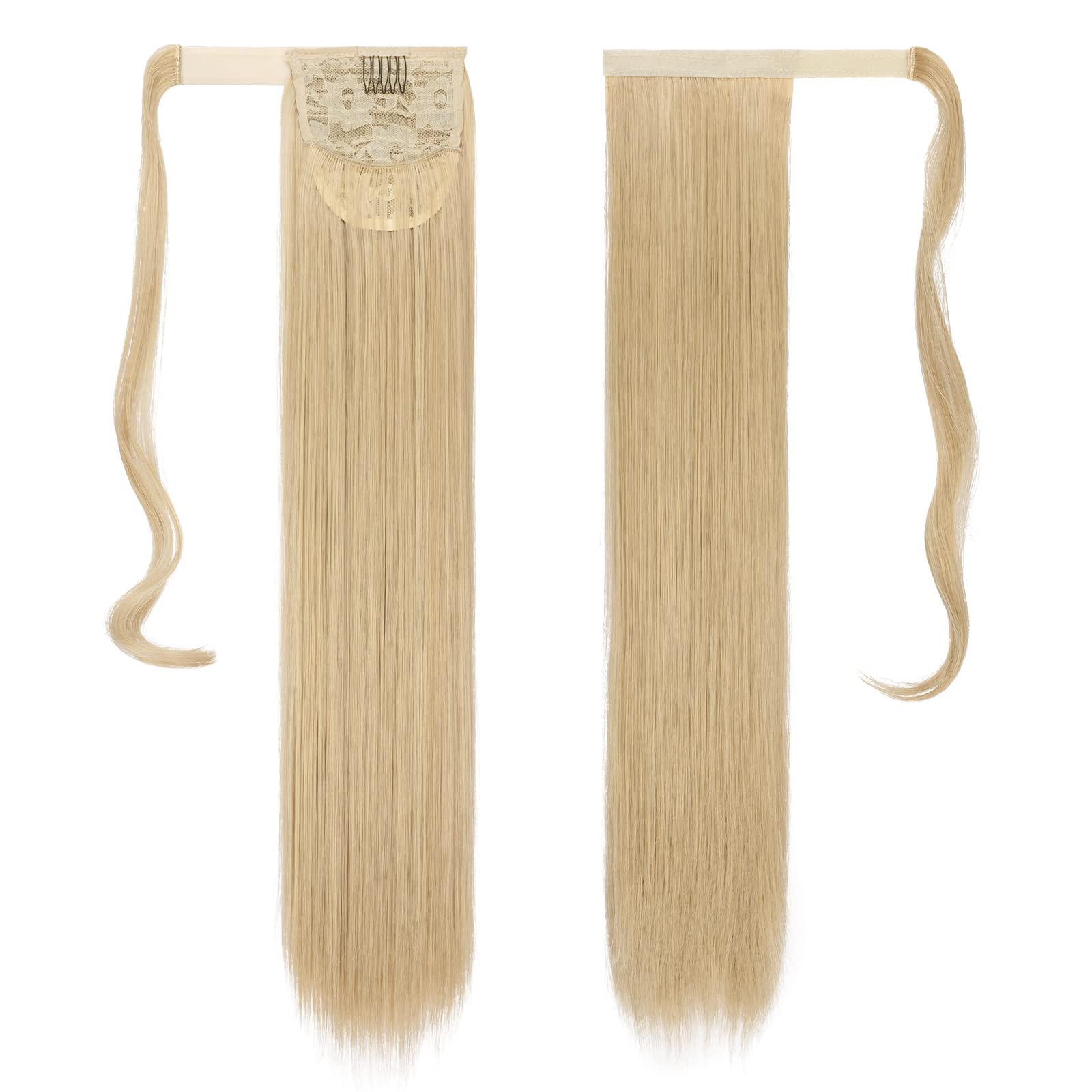 FESHFEN Straight Ponytail Extensions Long Wrap Around Ponytail Synthetic Clip in Pony Tail Hair Extensions Dark Brown Hairpiece for Women 24 inch - Image 2