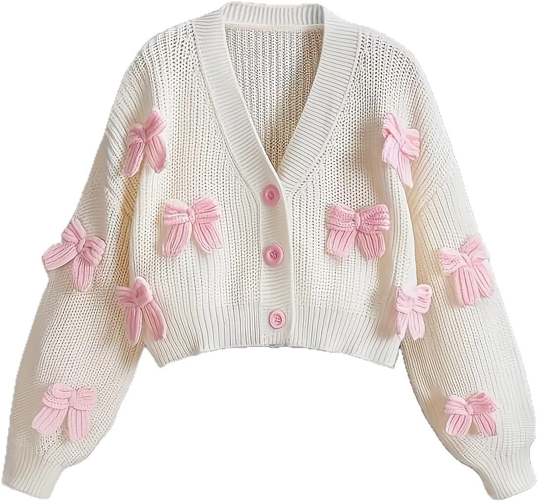 Teen Cardigan Sweater Girls Cute Bow School Uniform Button Down Knit Sweaters Long Sleeve Soft Cotton V Neck Jumpers