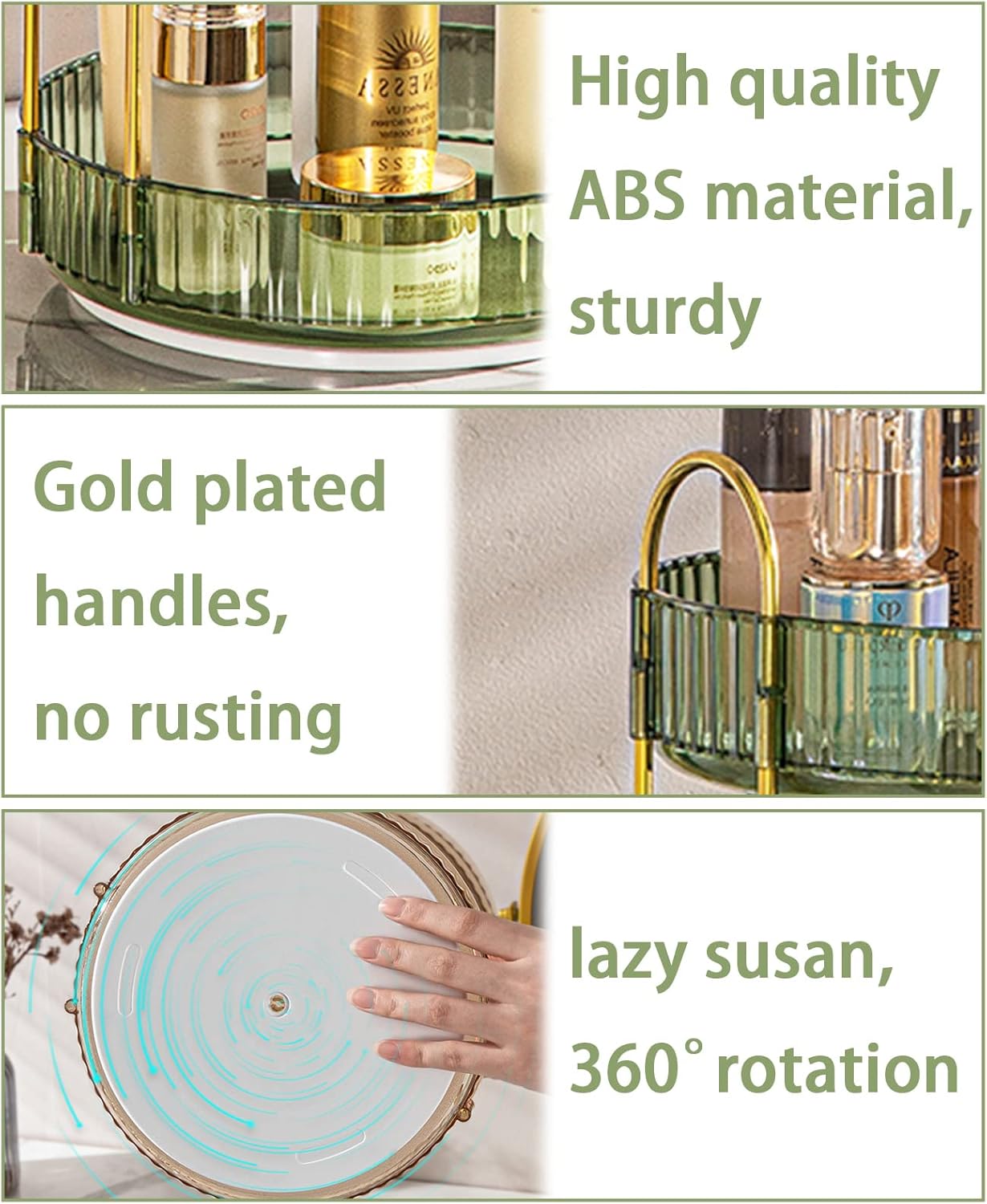 Rotating Makeup Organizer for Vanity, High-Capacity Skincare Clear Make Up Storage Perfume Organizers Cosmetic Dresser Organizer Countertop 360 Spinning (Green, 3 Tier) - Image 2