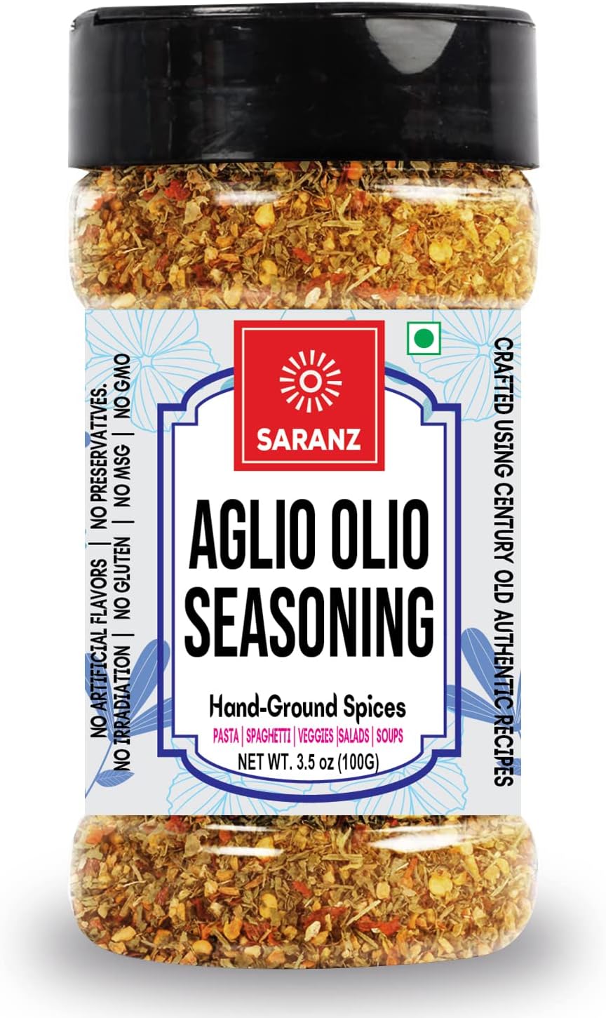 Aglio Olio Mix Exotic Seasoning Ideal For Salads, Soups, Main Dishes, Pasta, Spaghetti, And Vegetables Dairy-Free, Gluten-Free, And Aromatic Vegan Seasonings-100 Grams Sprinkler Jar
