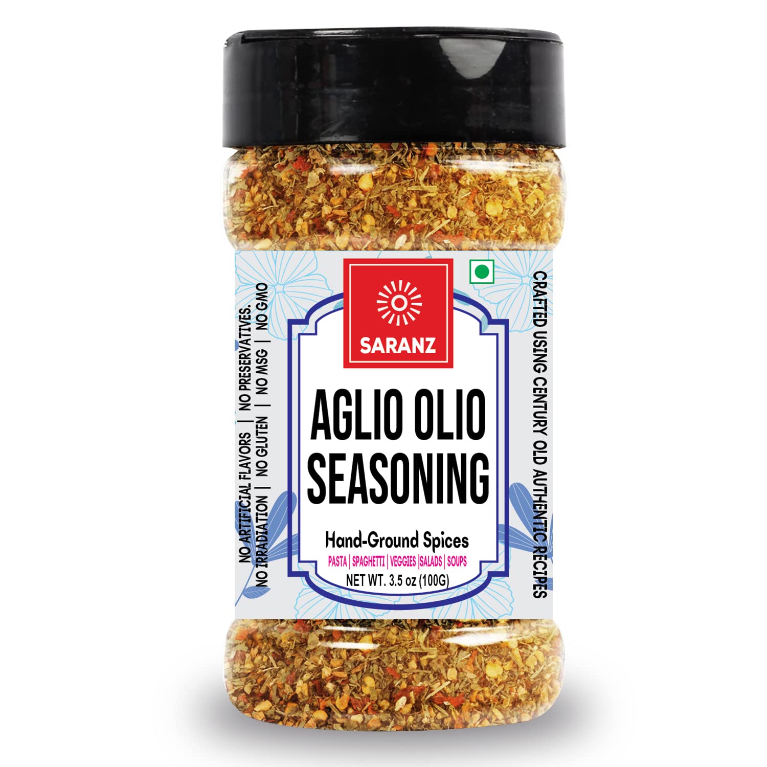 SARANZ Aglio Olio Mix Exotic Seasoning Ideal For Salads, Soups, Main Dishes, Pasta, Spaghetti, And Vegetables Dairy-Free, Gluten-Free, And Aromatic Vegan Seasonings-100 Grams Sprinkler Jar