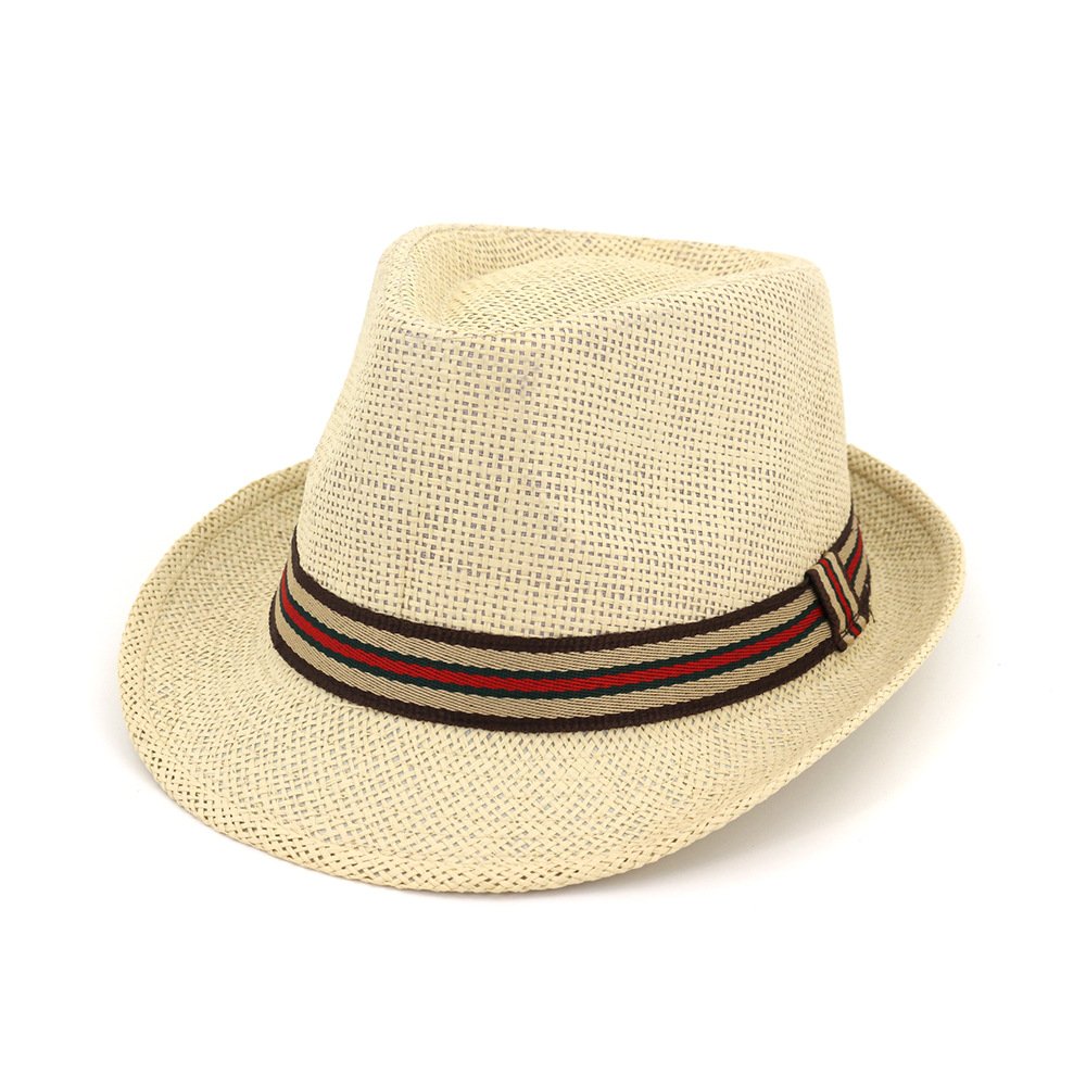 GEMSeven Summer Brim Beach Panama Hat Men Women Sun Straw Hats with Ribbon Fashion Beach Jazz Cap Beige