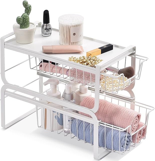 KINGRACK 2-Tier Cupboard Organiser, Pull Out Wire Sliding Basket, Bathroom, Bedroom Cabinet Organizer, Detachable Basket Drawer Shelf for Kitchen Storage Rack, White