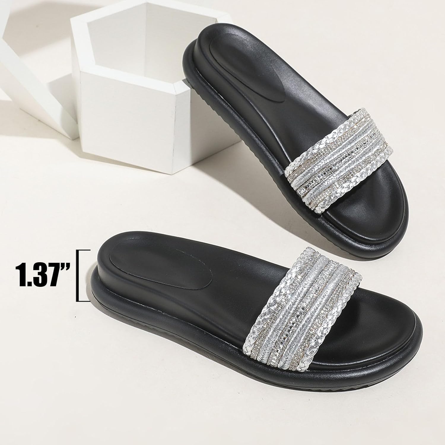 Women's Platform Rhinestone Glitter Slide Sandals Cute bling Slip On Soft Foam insole Round Open Toe Comfort summer Walking beach slippers